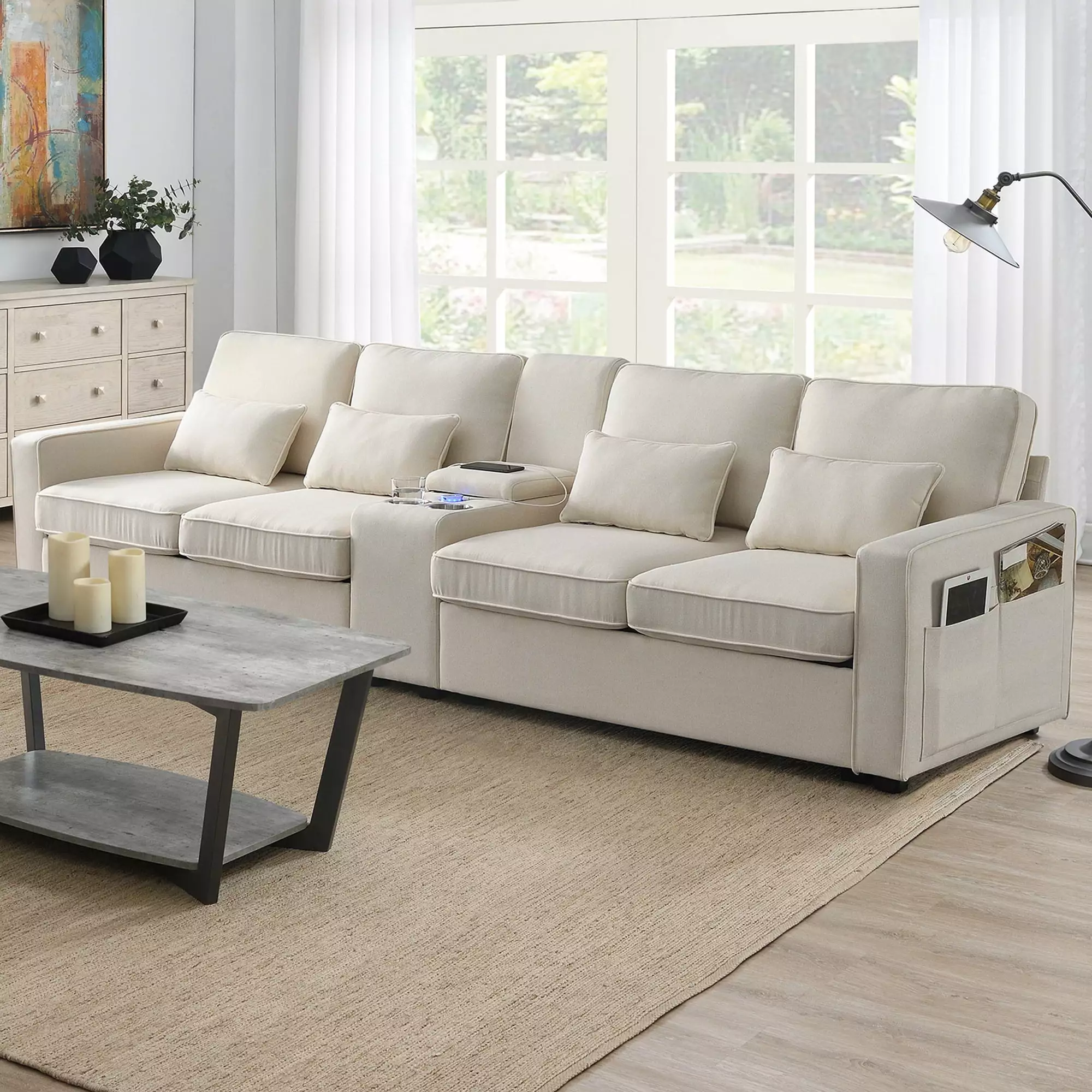 114.2 Upholstered Sofa with Storageable Coffee Table and 2 Cupholders. Modern Linen Fabric 4-Seater Couch with 2 USB Ports Wired or Wirelessly Charged for Living Room. Apartment (Beige)