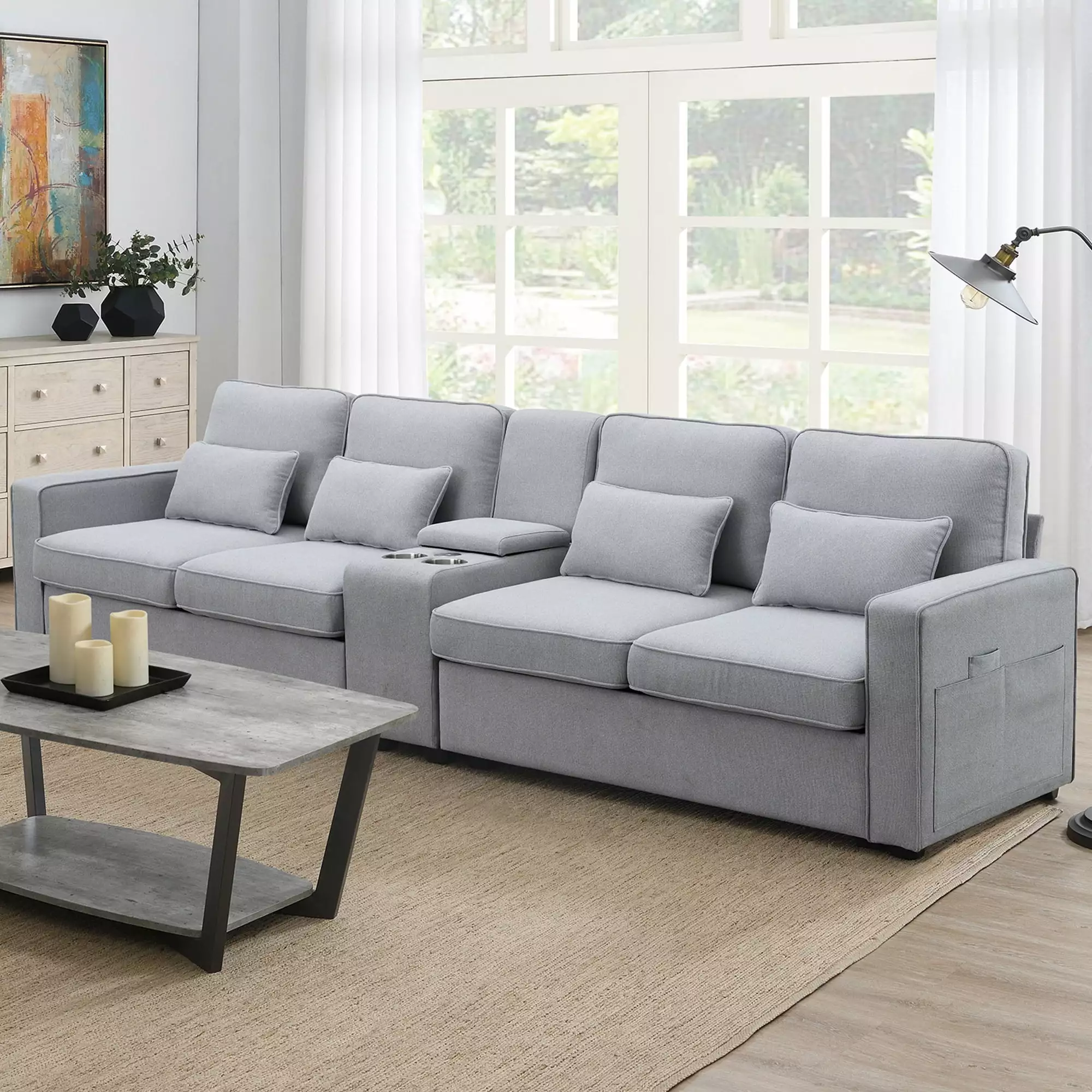 114.2 Upholstered Sofa With Console. 2 Cupholders And 2 Usb Ports Wired Or Wirelessly Charged. Modern Linen Fabric Couches With 4 Pillows For Living Room. Apartment (4-Seat)