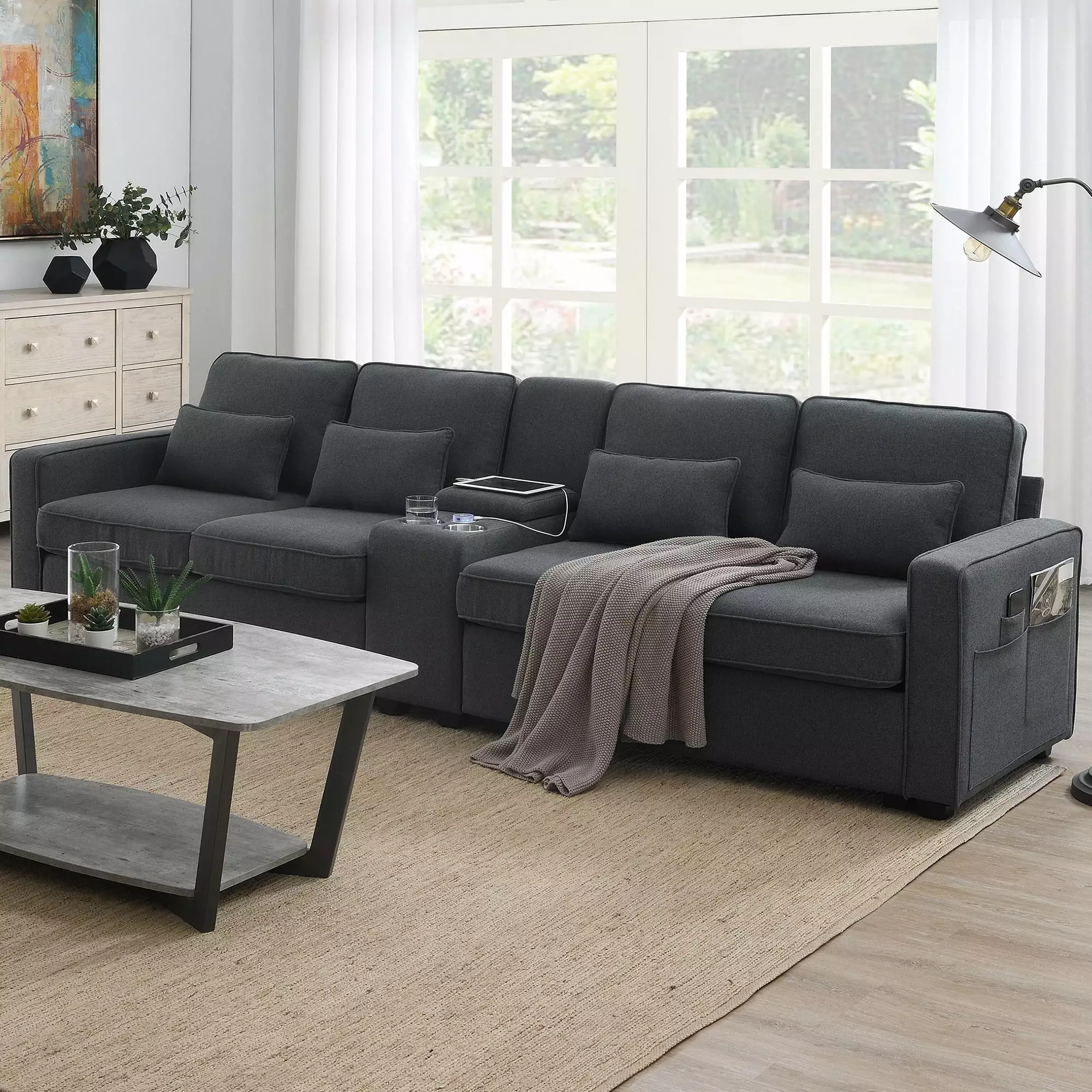 114.2 Upholstered Sofa With Console. 2 Cupholders And 2 Usb Ports Wired Or Wirelessly Charged. Modern Linen Fabric Couches With 4 Pillows For Living Room. Apartment (4-Seat)