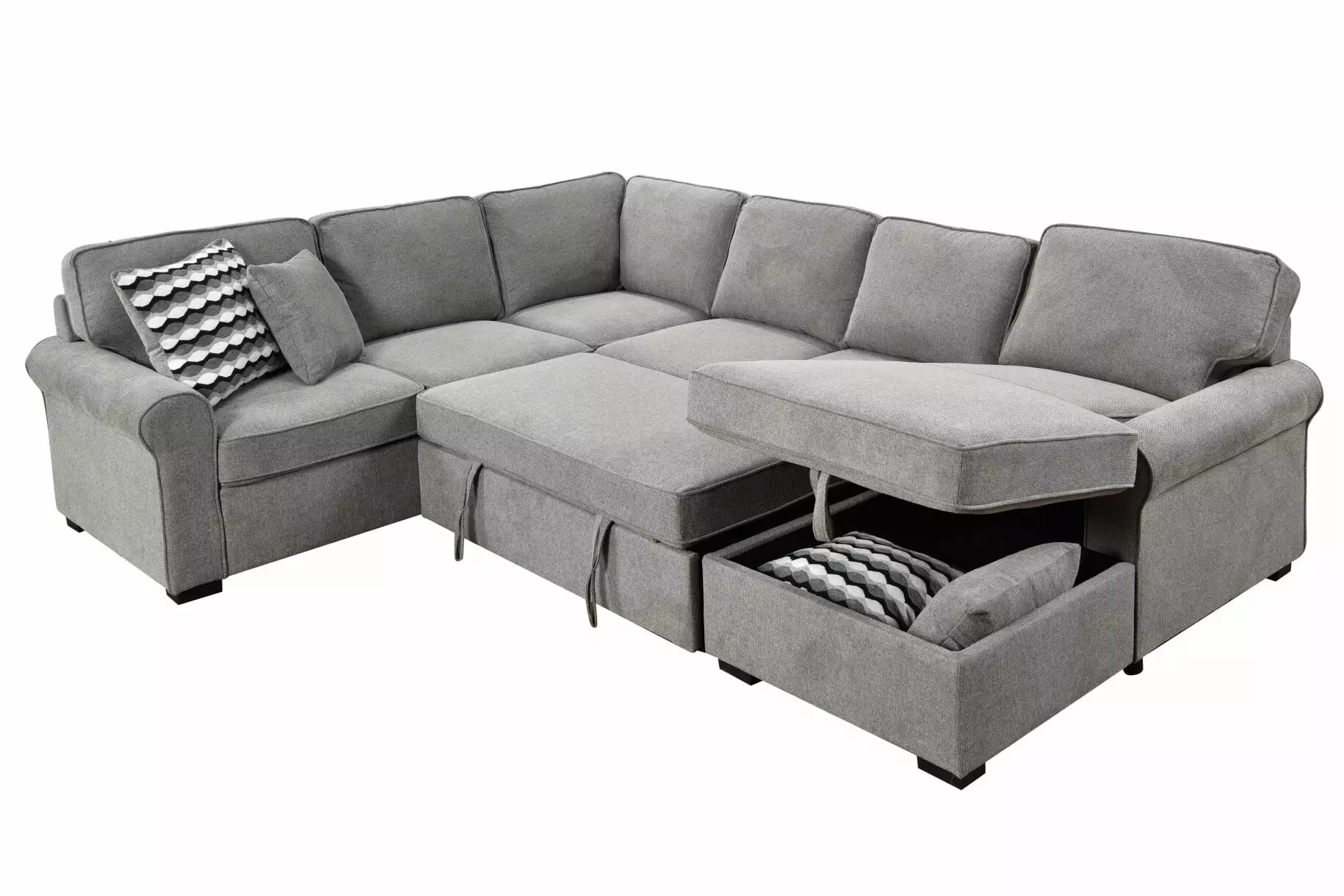 117 Oversized Sectional Sofa with Storage Chaise with 4 Throw Pillows. Rolled Arms U Shaped Sectional Couch for Large Space Dorm Apartment. Removable Soft Backrest Cushions. Light Gray