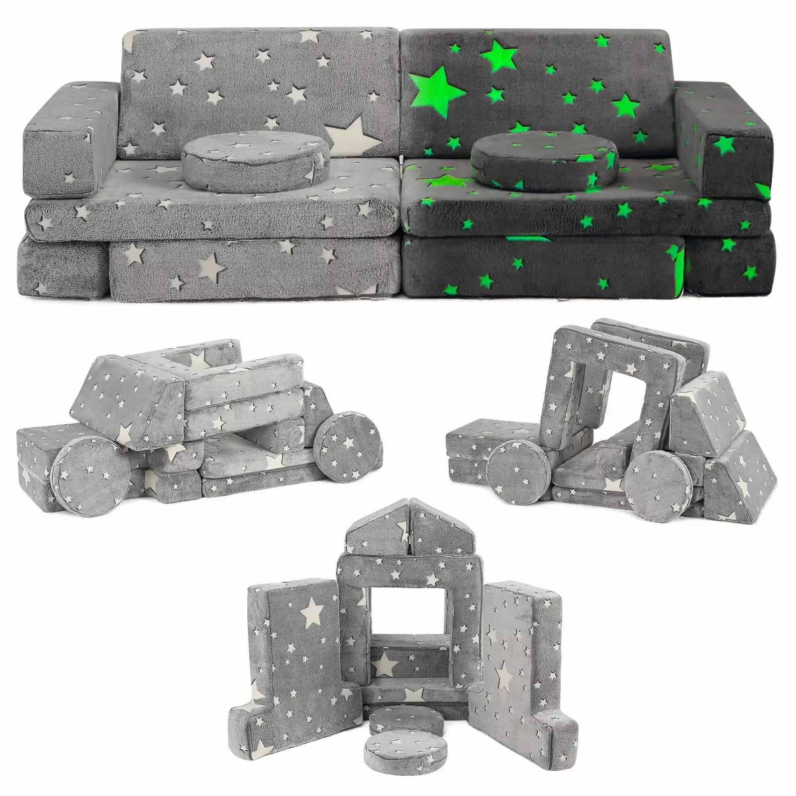 12 Piece Modular Kids Couch. Convertible Dinosaur Glow in The Dark Sofa for Play. Sleep. and Imagination in Bedroom or Playroom for Boys and Girls