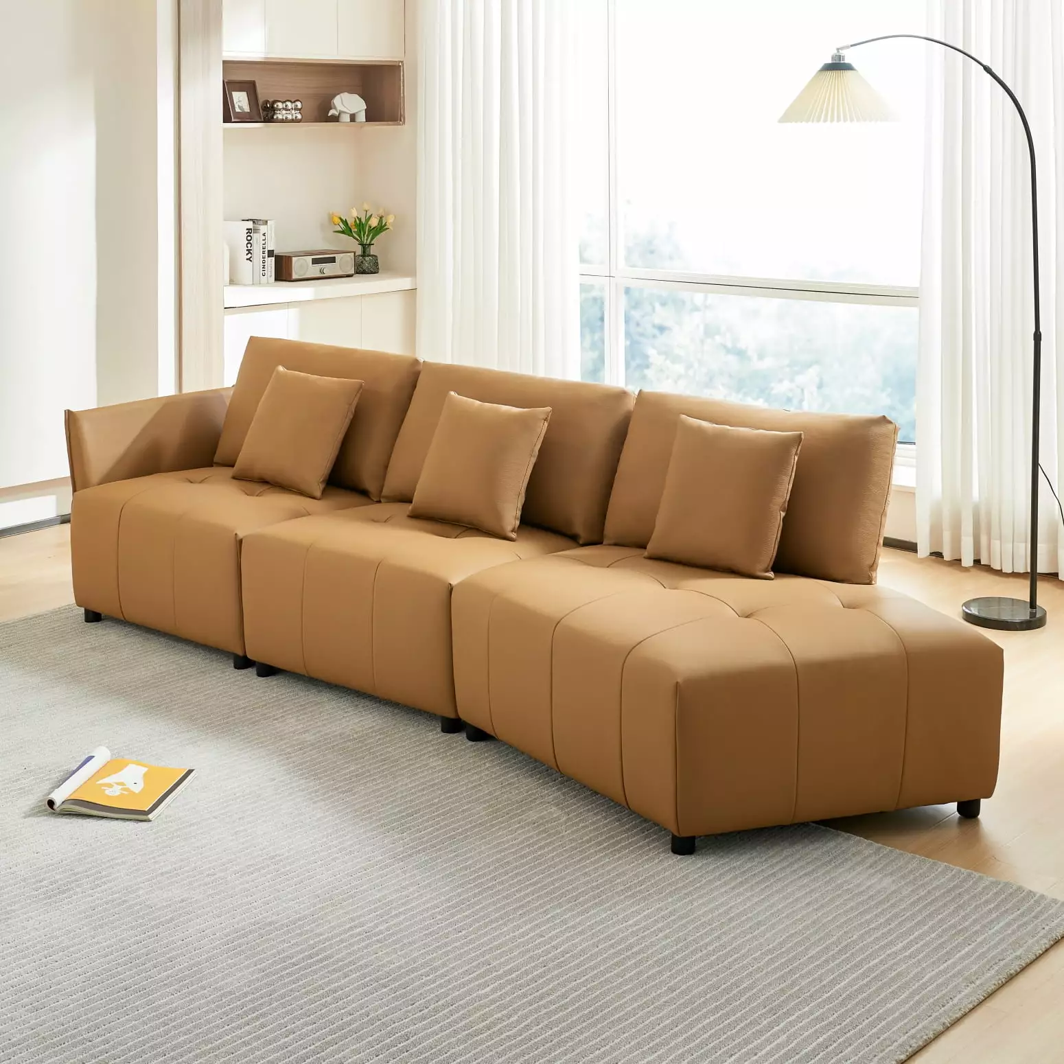 120'' Dark Yellow Real Leather Modular Sectional Couch. Modern Design for Living Room. Apartment & Office. Button Tufted Seat Cushion. Soft. Durable & Wrinkle Resistant with Ergonomic Support