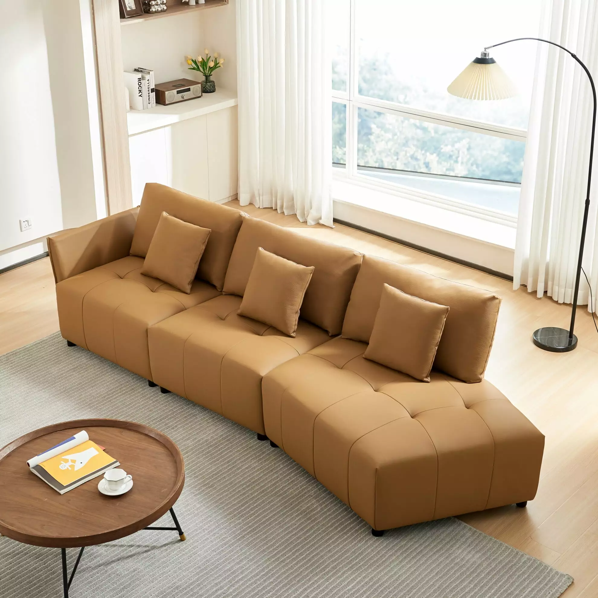 120'' Leather Sectional Sofa. Mid-Century Leather Modular Sofa Couch with 3 Pillows. Indoor Chaise Lounge with Deep Seat for Living Room. Bedroom. Apartment. Dark Yellow