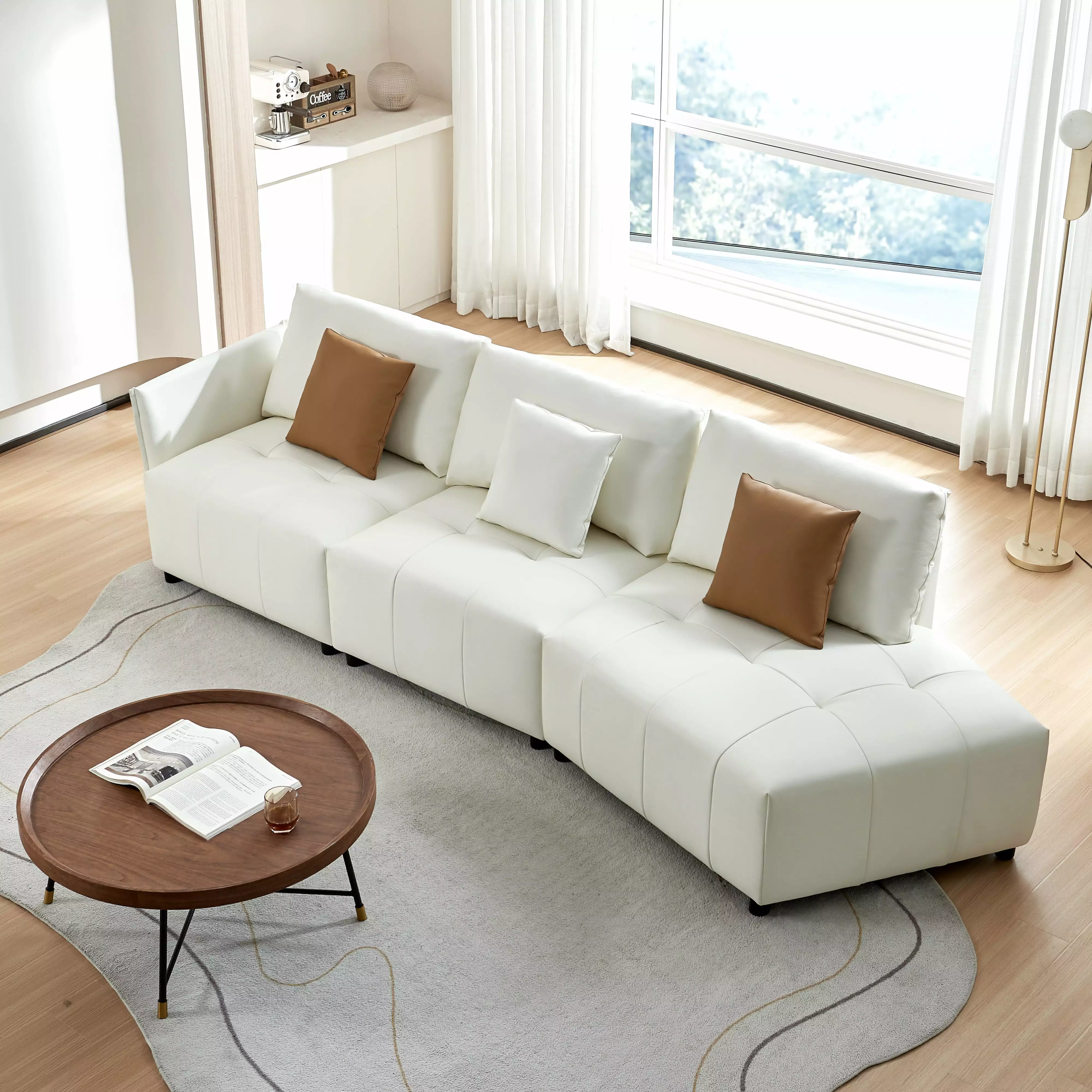 120'' Real Leather Sofa. Modern Modular Sectional Couch. Button Tufted Seat Cushion for Living room. Apartment & Office.(Beige)