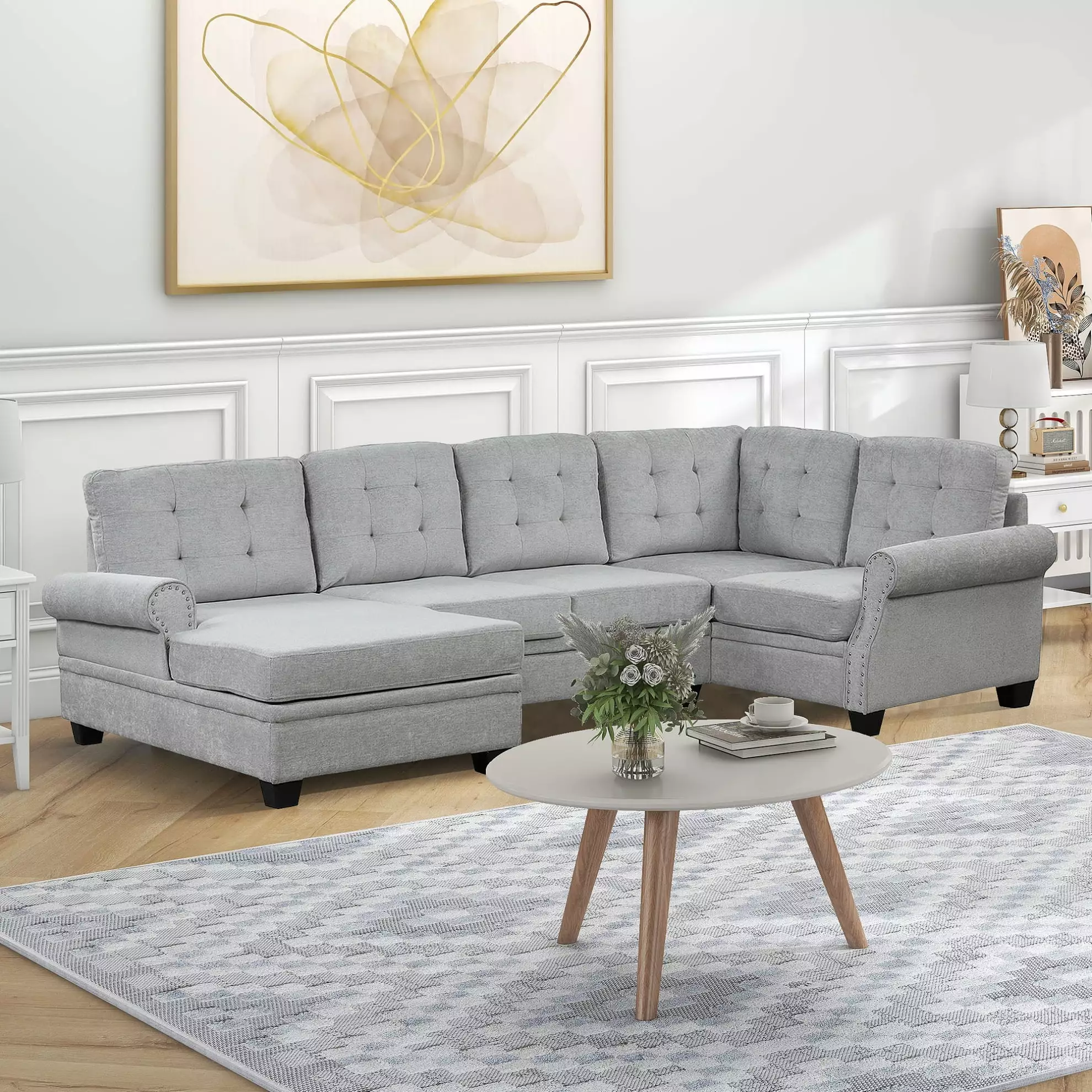 120 U-Shaped Sofa with Chaise Lounge. Linen Fabric Corner Sectional Couch. Modern 6-Seater Couch Upholstered Sofa for Living Room Apartment Office. Gray