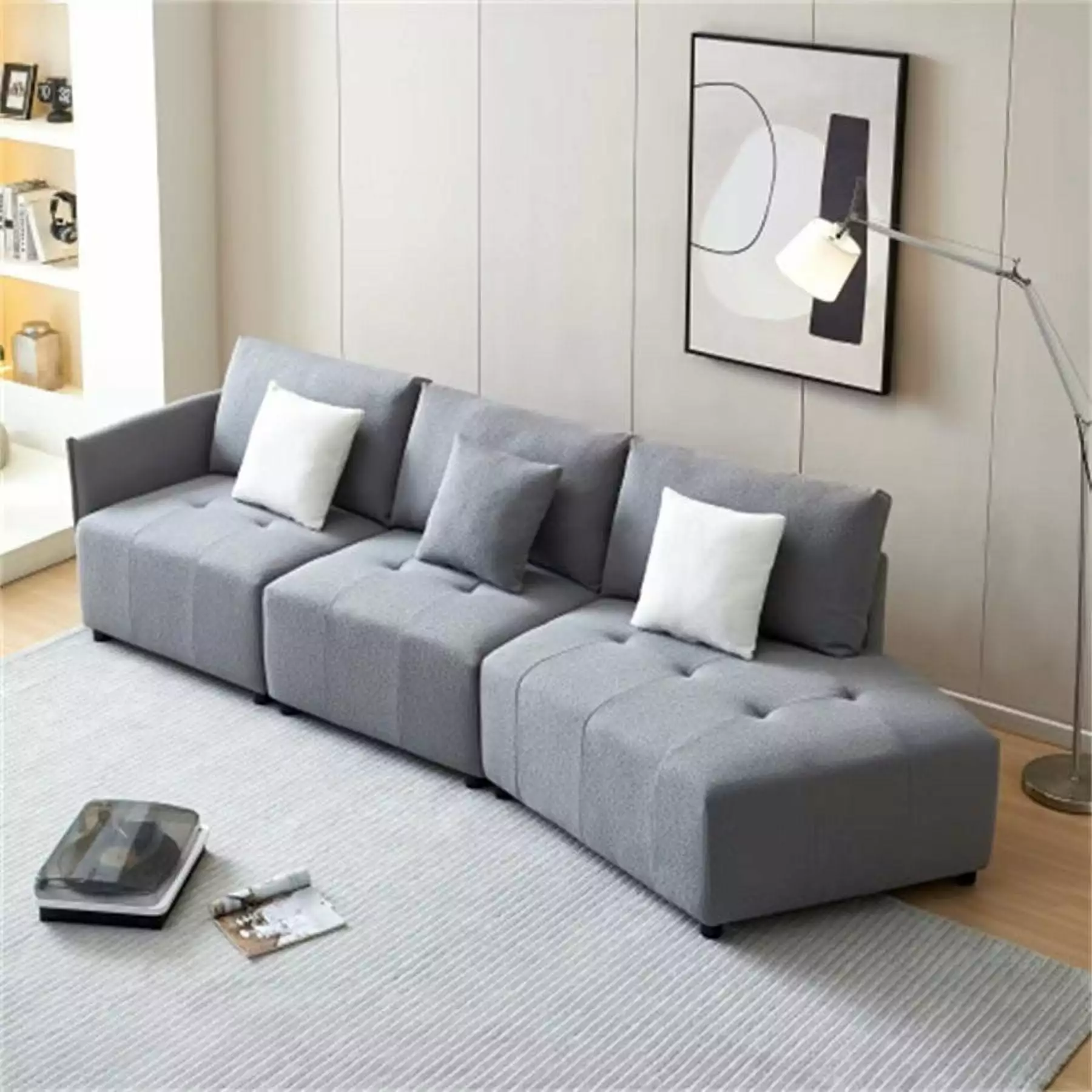 120''W Modular Sectional Couch with 3 Movable Pillows. Long Loveseat Sofa with Button Tufted Seat Cushion. Comfy Sofa Couch with Plastic Legs for Living room. Bedroom. Apartment. Grey