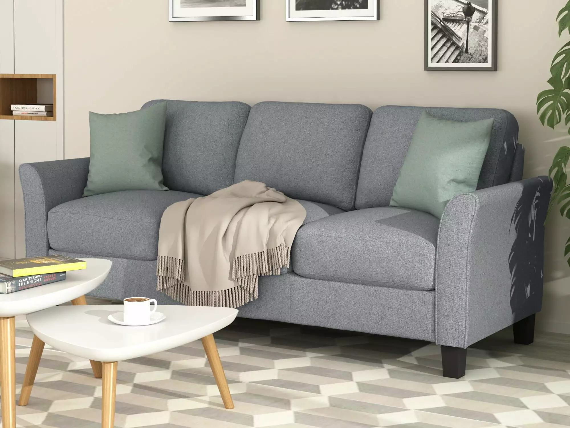 [ US IN STOCK] 3-Seat Sofa Living Room Linen Fabric Sofa (Gray)