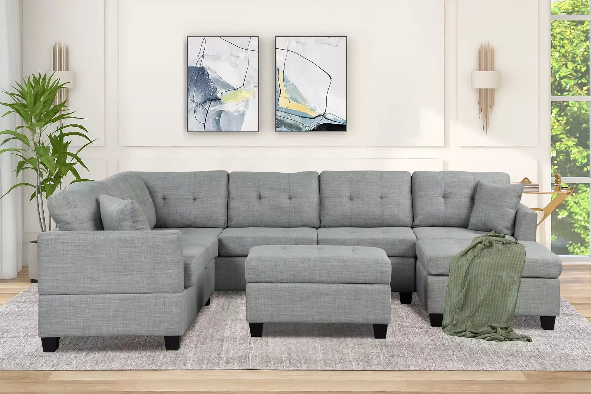 121.3 Oversized Sectional Sofa with Wide Chaise Reversible Sectional Modular Sofa Couch with Storage Ottomans U Shaped Corner Sectional with 2 Throw Pillows for Living Room. Light Gray