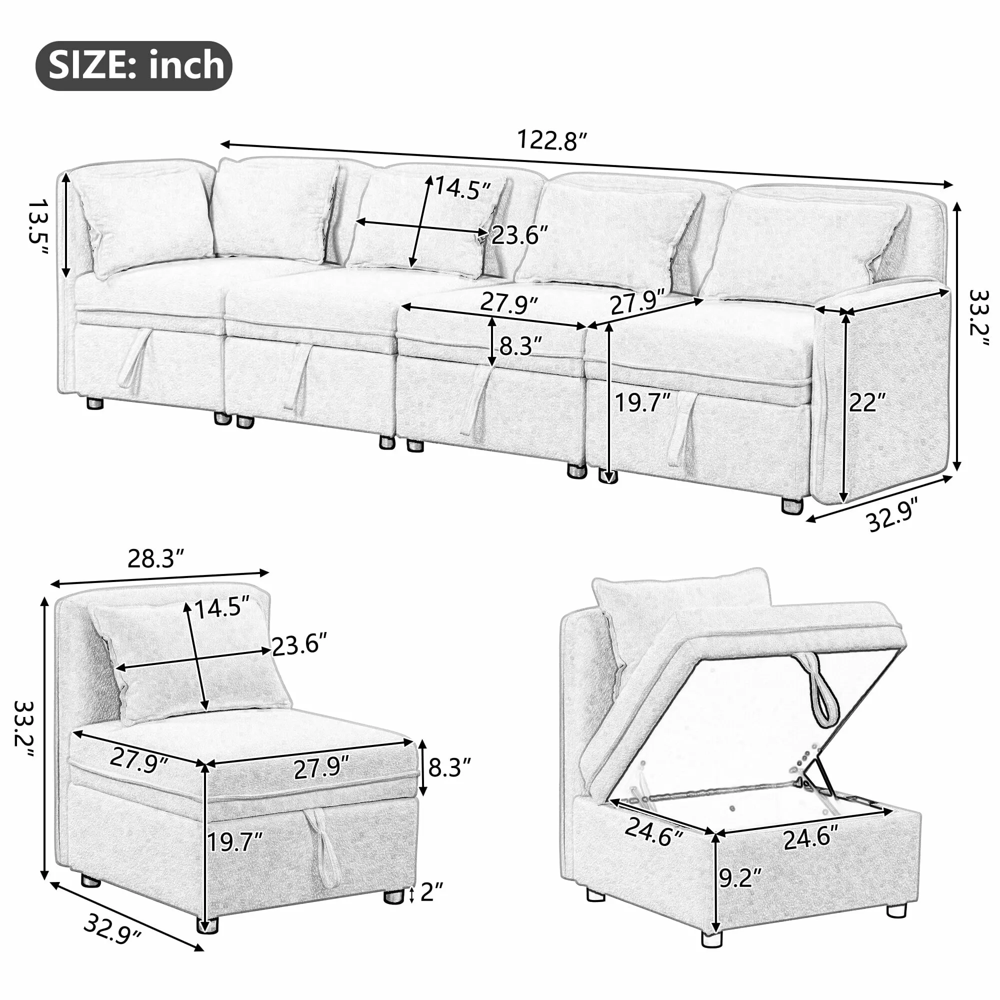 122.8 Convertible Modular Minimalist Sofa Free Combination 4 Seater Sofa Chenille Fabric Sectional sofa with 5 Pillows Cream