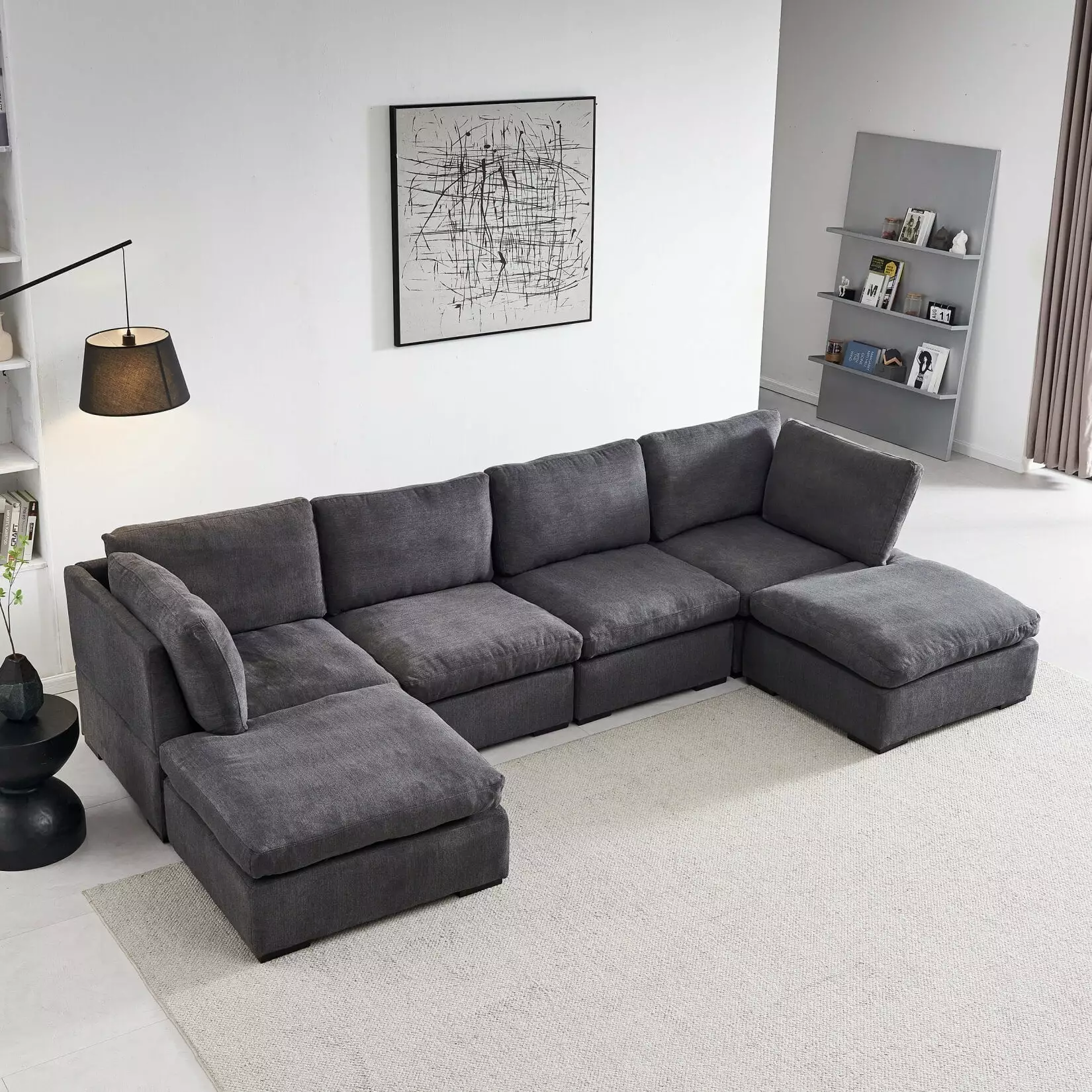 129inch Sectional Couch with Chaise. Modern Upholstered U-shaped Modular Sectional Sofa with Ottoman. 4 Seat Oversized Sofa Couch with Chaise for Living Room. Dark Grey