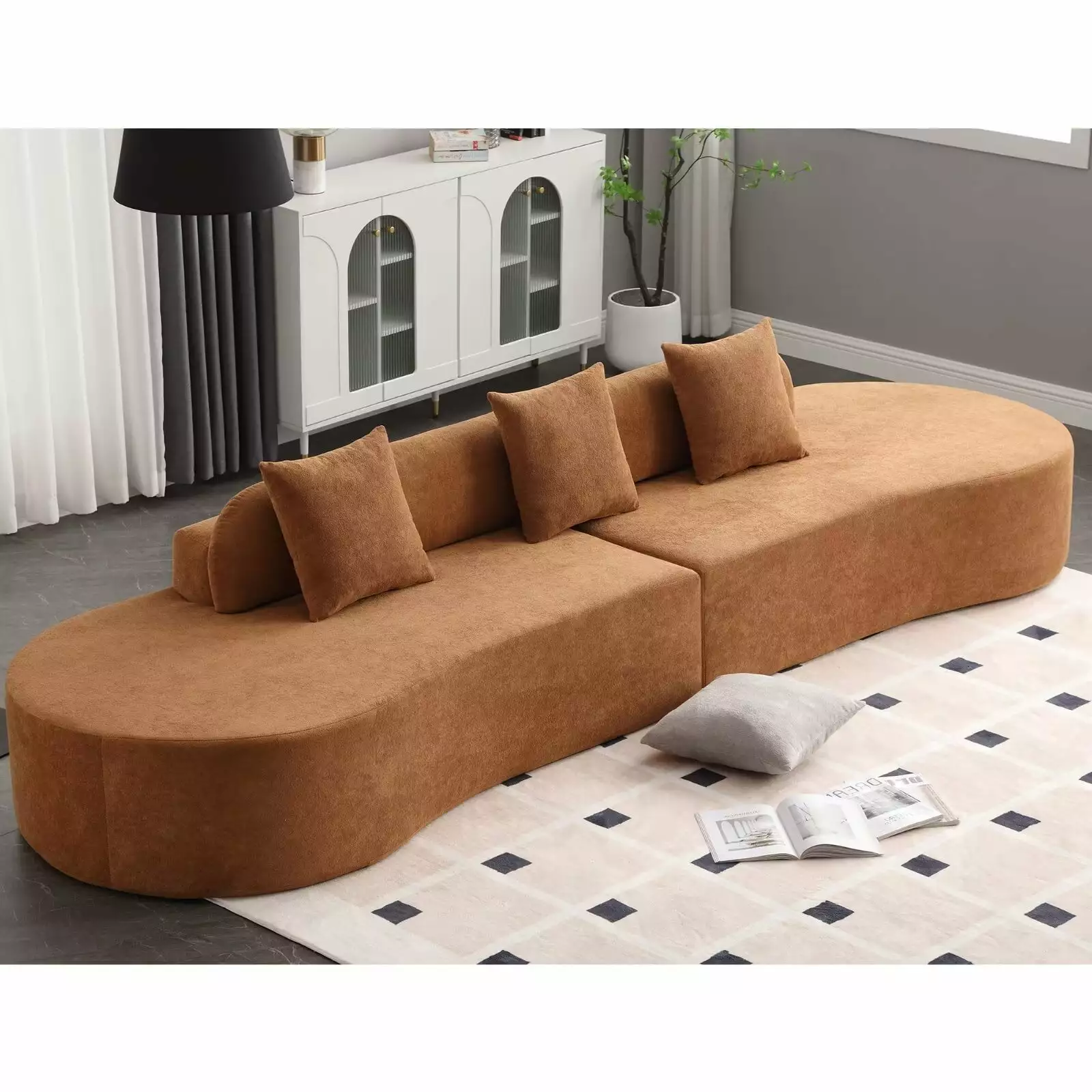 130 Curved Sofa Couch for Living Room. Modern Terrycloth Fabric Upholstered Sleeper Sofa with 3 Pillows. Modular Sectional Sofa Set for Bedroom Apartment. No Assembly Required. Brown