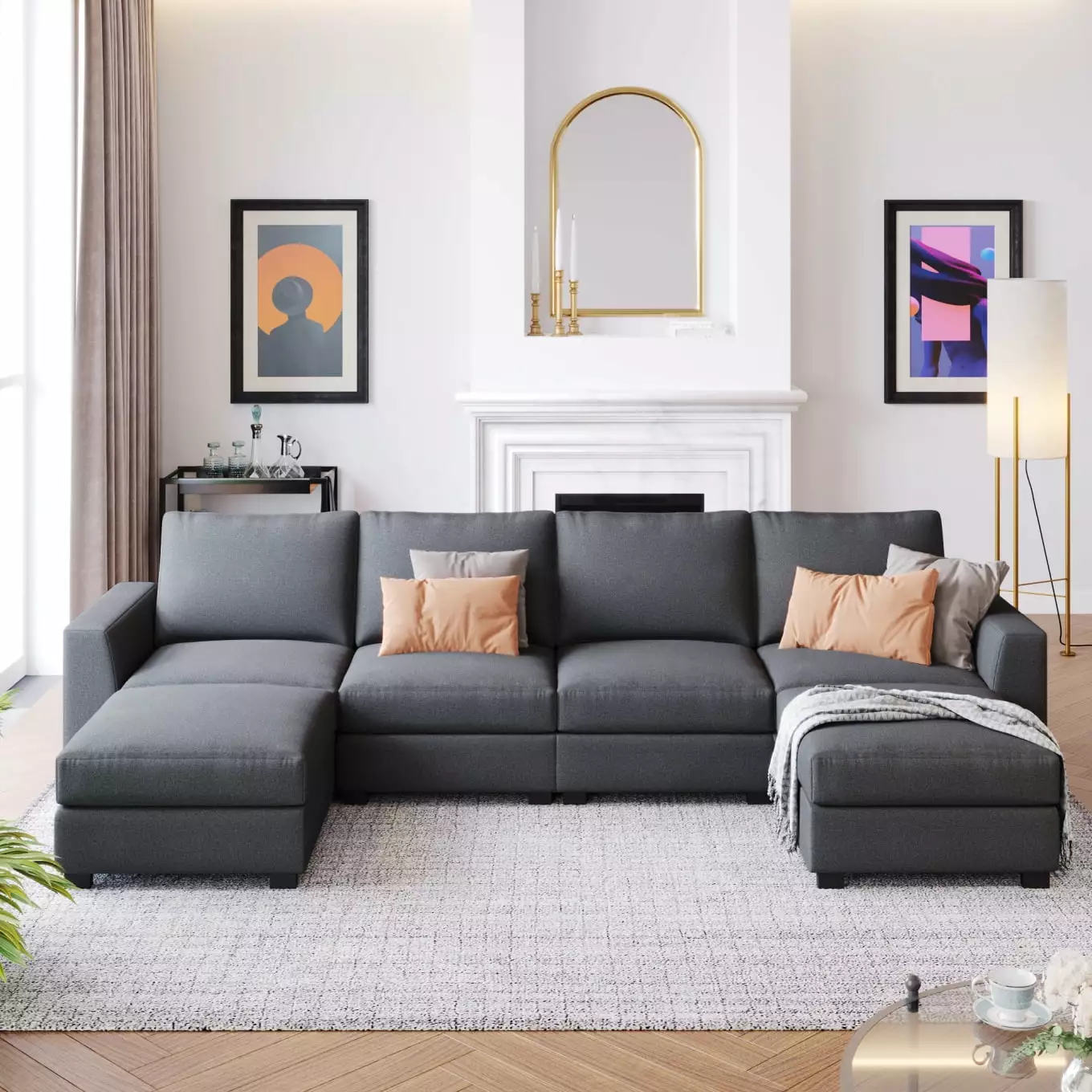 129W U Shaped Sectional Sofa with 2 Movable Ottomans. 3 Pieces Upholstered Modular Sofa Sets with Padded Seat Cushions & Back. Linen Sectional Sofa with Chaise Lounge for Living Room. Gray