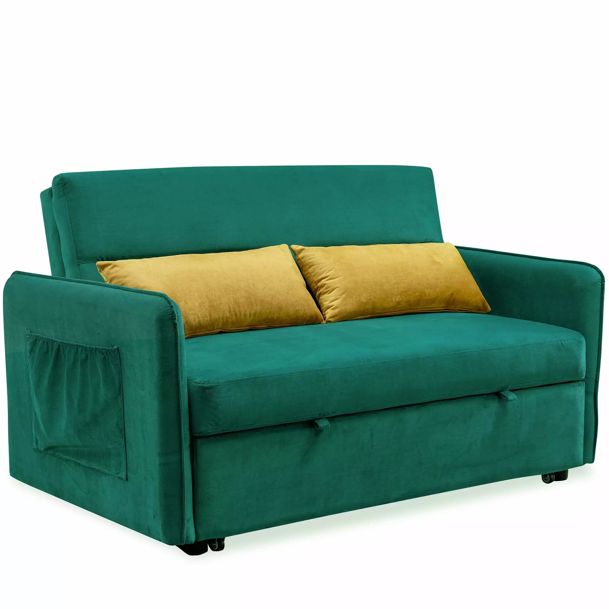 Furntsy Velvet Sofa Bed with 2 Pillows. Adjustable Backrest. and 2 Big Side Pocket. Green