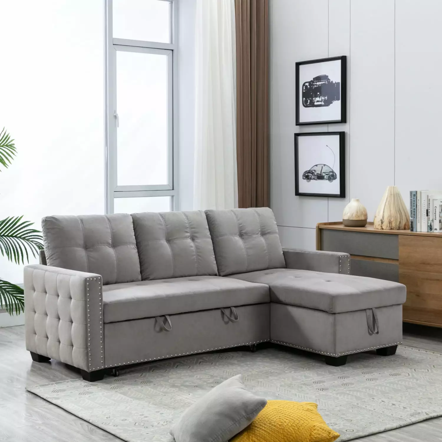 Reversible Sleeper Sofa. bed.Sectional Storage Sofa Bed.2 seats Corner Sofa Bed With big Storage chaise.. skin-feeling velvet fabric for Living Room Furniture Light Grey