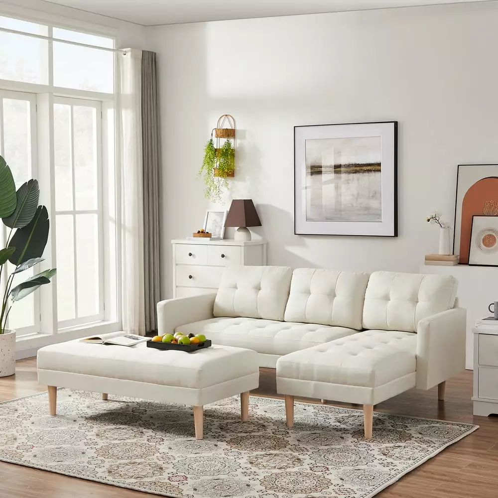 Beige Sectional Sofa Bed. L-shape Sofa Chaise Lounge with Ottoman Bench