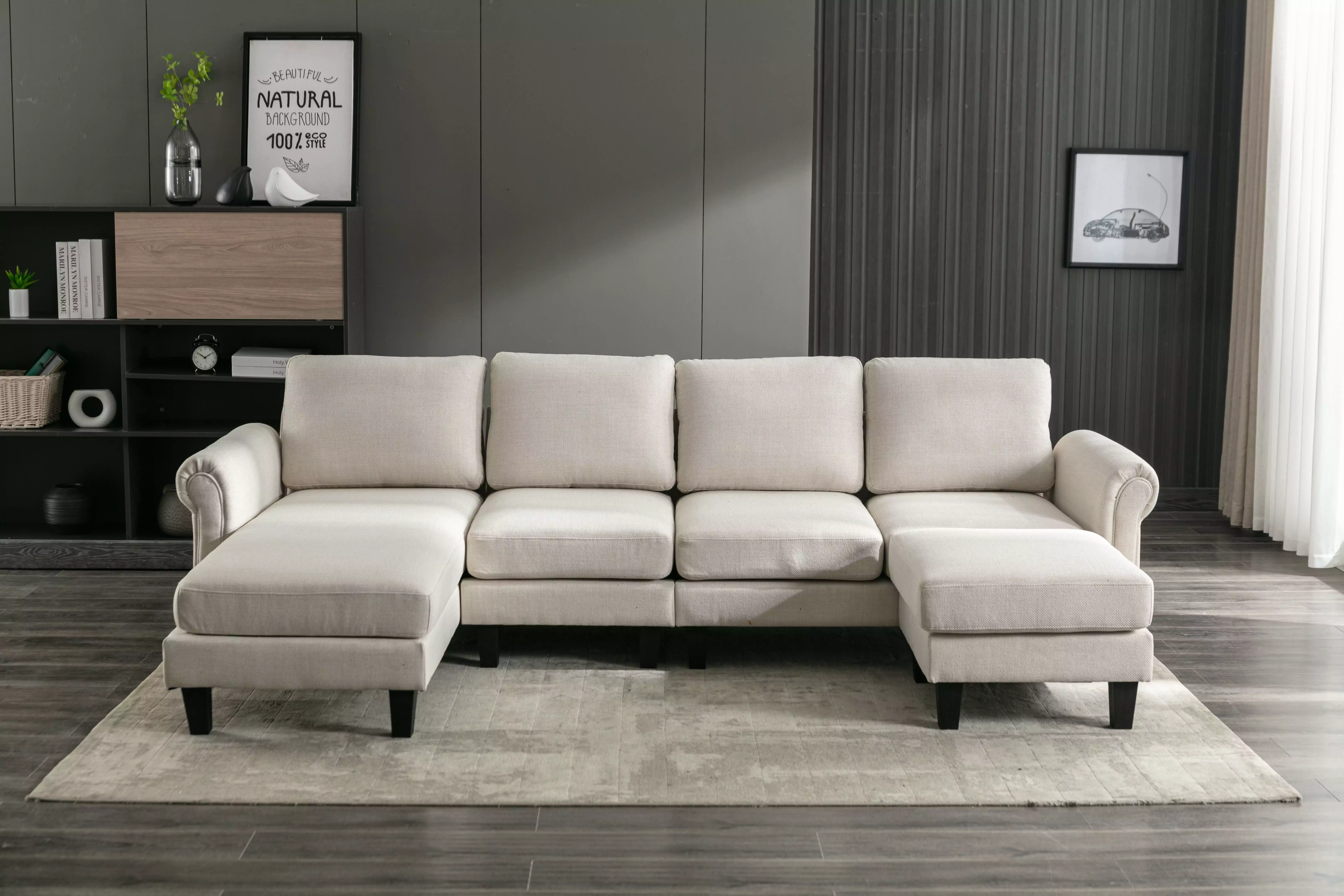 108.66inch U-Shaped Sectional Sofa Couch. Convertible Modular Sofa Set with Chaise and Ottoman. Linen Upholstered Living Room Sofas with Padded Cusions and Arms. Free Combination. Beige