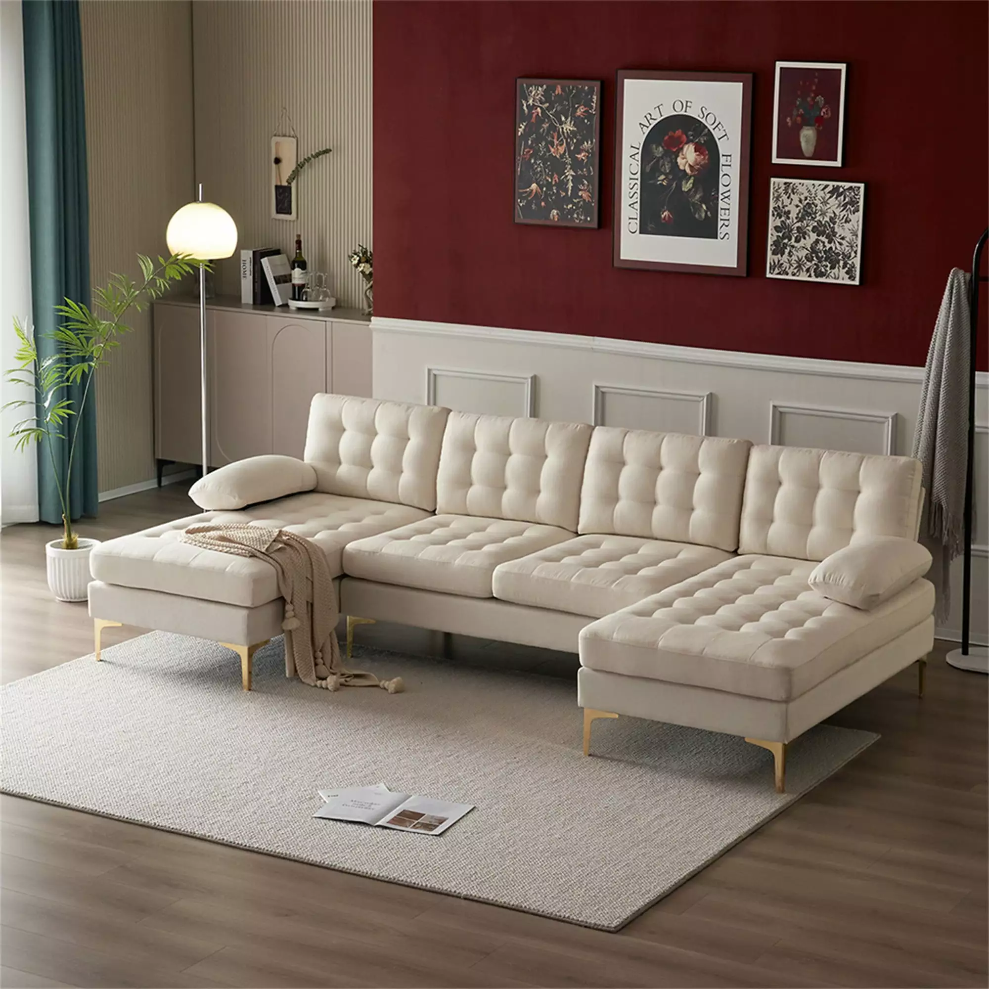 Canddidliike Mid-Century Beige Fabric U Shaped Couch with Black Metal Leg and Sofa Chaise