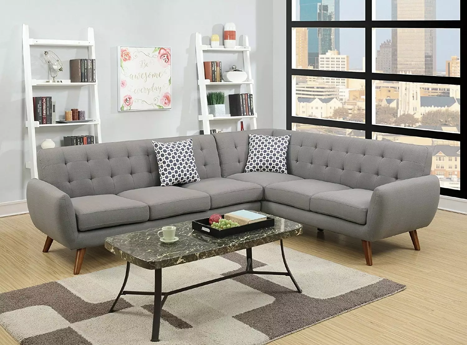 2Pcs Modern Grey Polyfiber Linen-Like Fabric Sectional Sofa Set with Clean Lines and Curves and Accent Tufted Back Support for Living Room