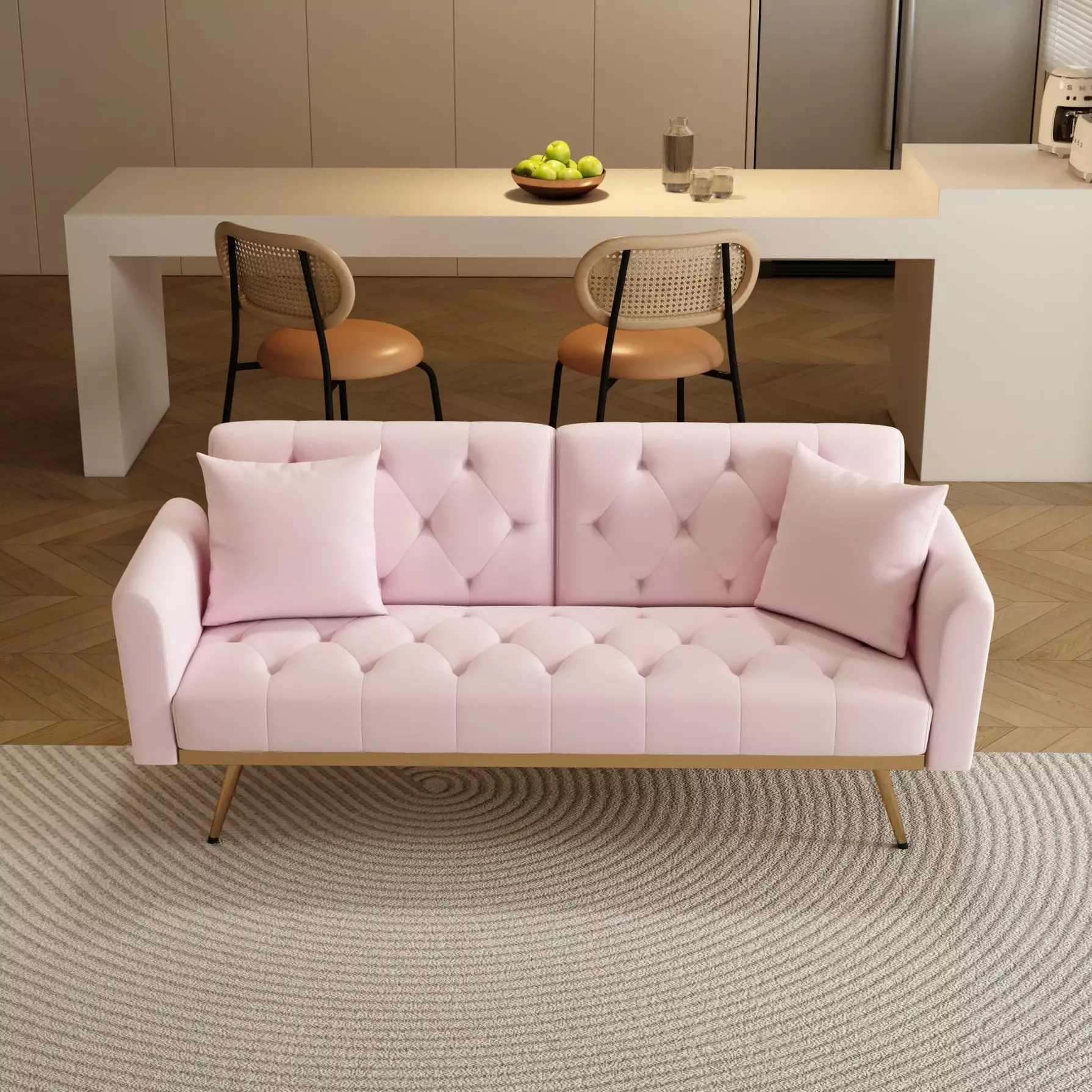 2 in 1 Modern Velvet Futon Sofa Bed. Convertible Folding Sleeper Bed Couches with 2 Pillows. 68.3 Tufted Recliner Love Seat with Golden Legs and Armrest. for Living Room Apartment Office. pink