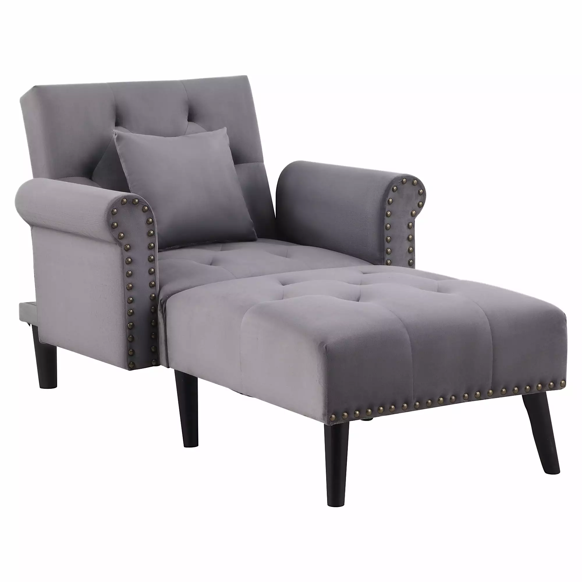 2-In-1 Chaise Lounge Indoor with Rolled Armrest. Nailhead Trim and Button Tufting. Adjustable Velvet Fabric Upholstered Sofa for Bedroom and Living Room. Grey