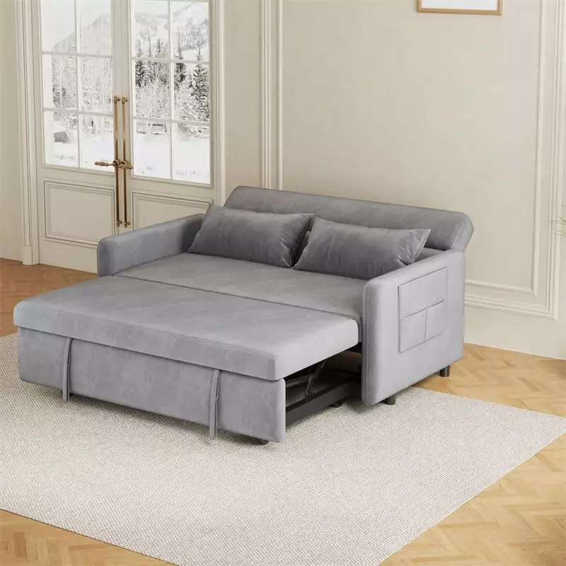 2-In-1 Modern Pull-Out Sofa Bed. 54 Velvet Loveseat Sofa with Adjustable Backrest. Convertible Sleeper Couch with 2 Soft Pillows and Side Hiding Pockets. for Home Office. Gray