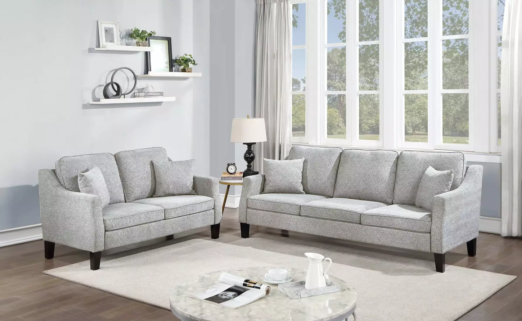 2 Piece Chenille Sofa with Pillows. Modern Upholstered Loveseat and 3 Seater Couch with Solid Wood Frame. Leisure Sofa Couch for Apartment. Bedroom. Living Room. Lounge. Office. Grey