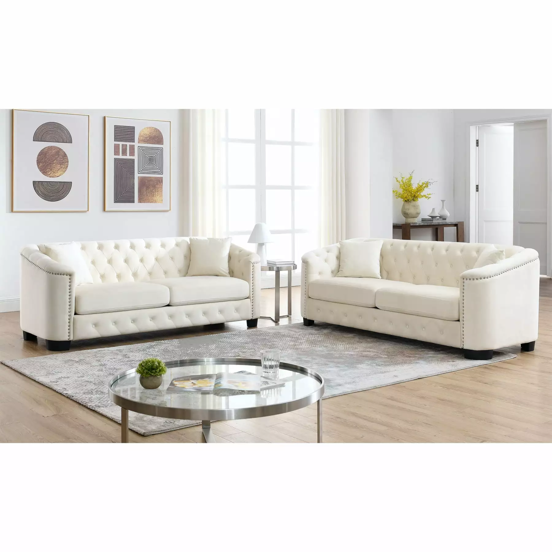 2-Piece Modern Chesterfield Velvet 3-Seater Sofa. Upholstered Couch with 4 Pillows. Leisure Lounge Sofa for Living Room. Bedroom. Apartment. Office. Beige