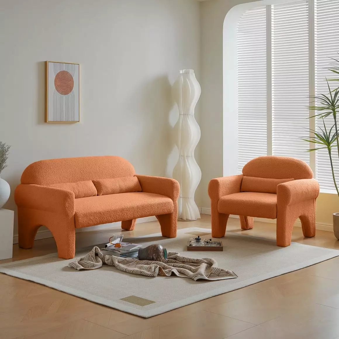 2 Piece Set Sofa Couch. Modern Accent armchairs with Smooth Lines. Cozy Sherpa Chair and 2 Seater Boucle Loveseat with Lumbar Pillows and Solid Wood Frame for living room. Orange