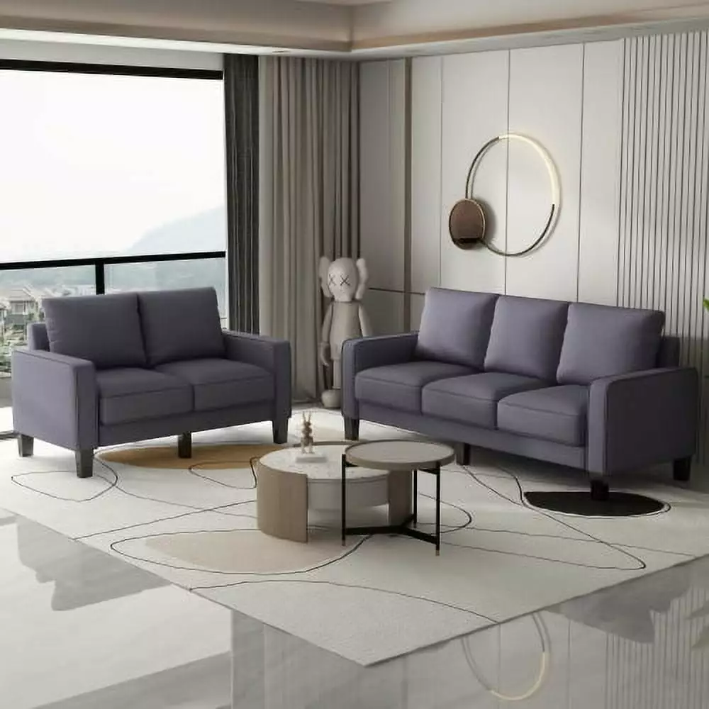 2 Pieces Living Room Sofa Set. Modern Sofa Couch with Loveseat and 3 Seater Sofa. Upholstered Couch Sofa Set for Living Room. Bedroom Office. Dark Gray