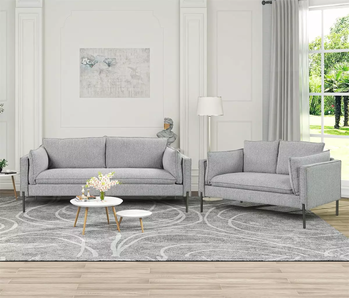 2 Pieces Sectional Sofa Set.Upholstered Loveseat and 3 Seat Couch. Linen Fabric Accent Couch with Bolster Pillows and USB Ports. Modern Sofa Furniture for Home. Office. Apartment. Gray(2+3 seat)