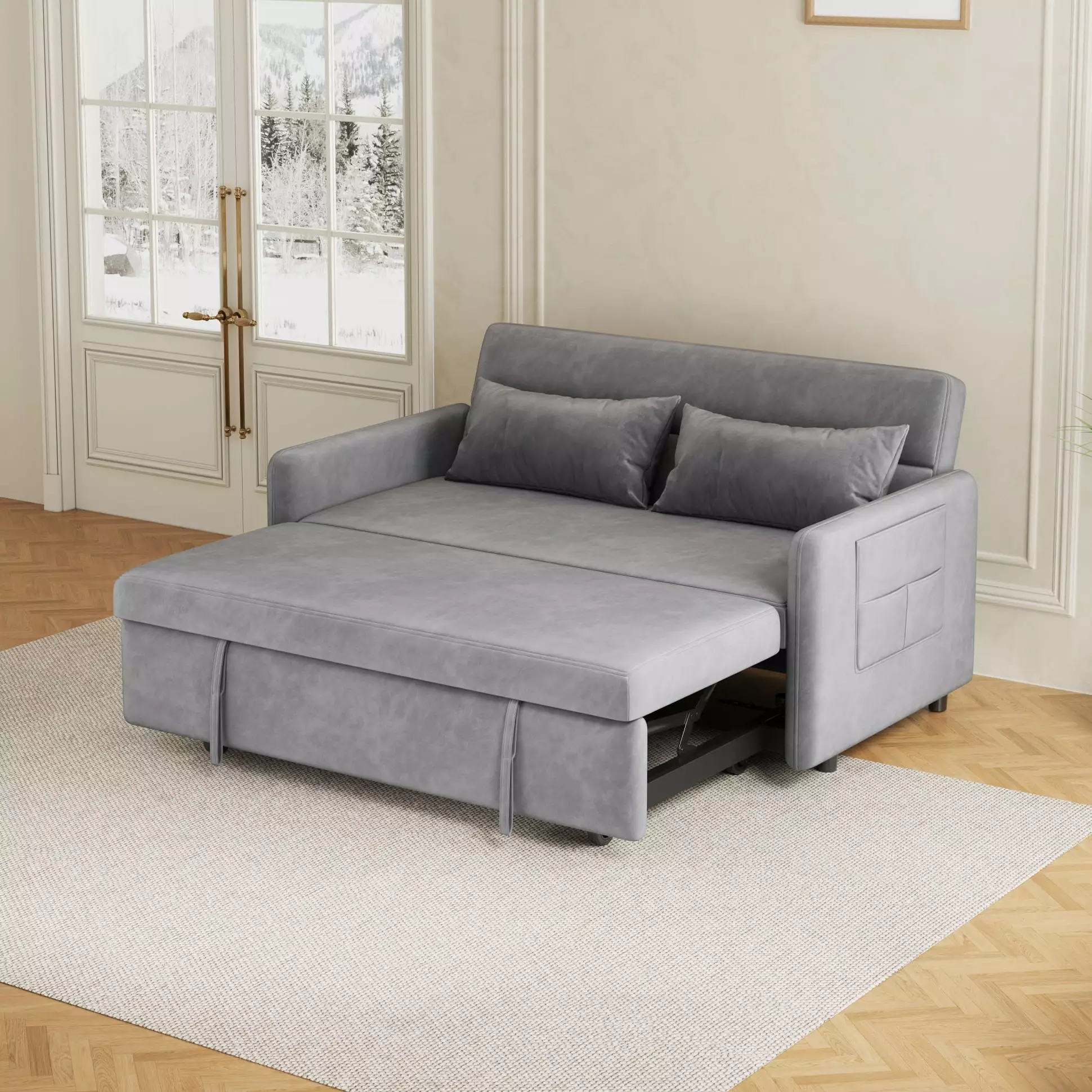 2 Seat Velvet Pull out Sofa Bed. Sleeper Sofa Couch with Two Pillows and 3-Level Adjustable Backrest. Loveseat Sofa for Living Room Small Rooms Apartments. Gray