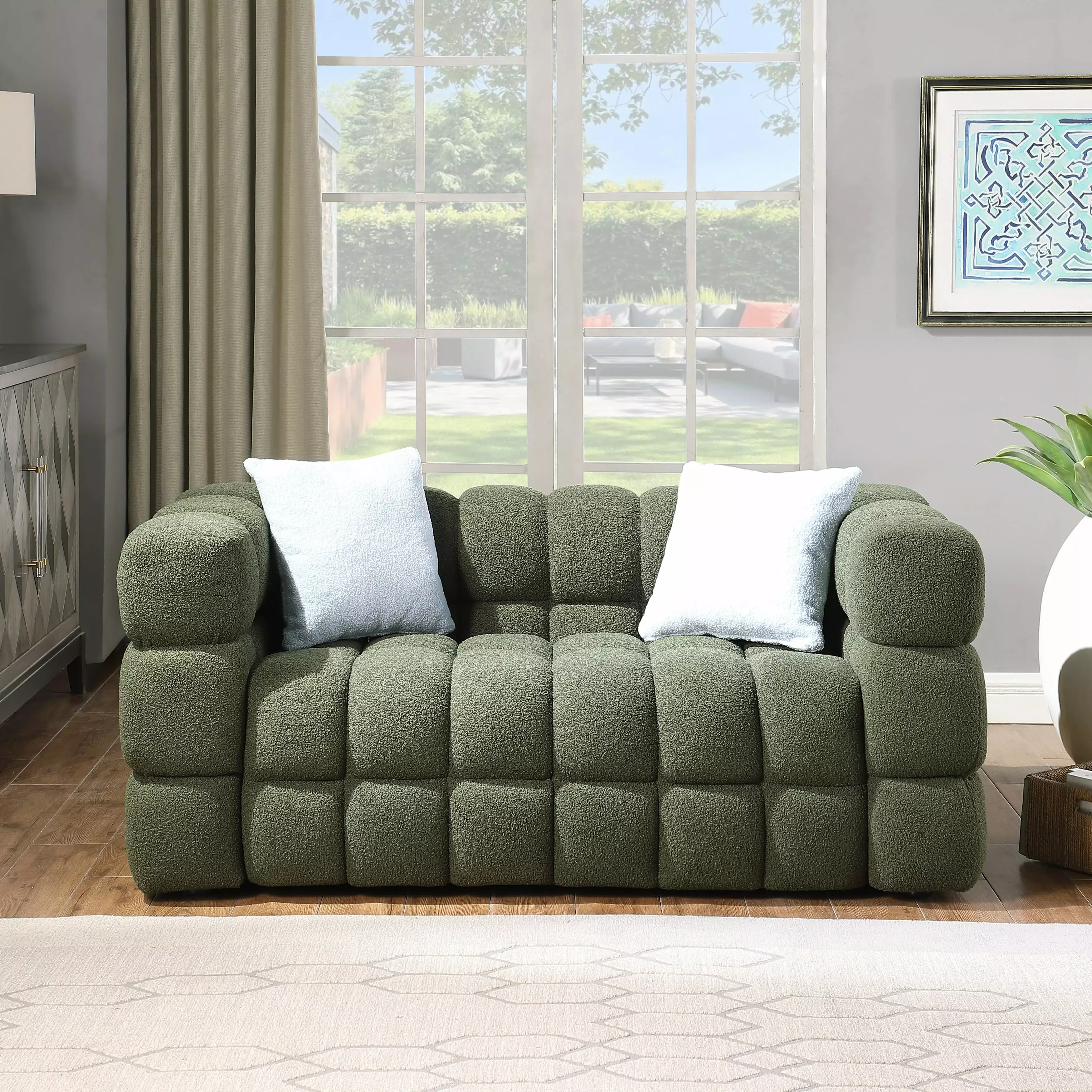 2-Seat Wooden Frame Marshmallow Loveseat Sofa Olive Green