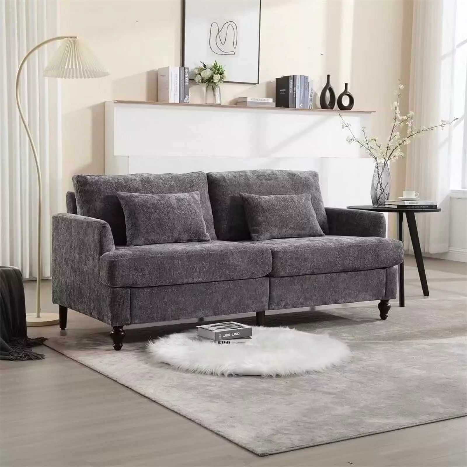 2-Seater Sofa. Chenille Fabric Upholstered Loveseat Sofa with Rubber Wood Legs and Padded Cushion. Modern Sofa Couch for Living Room Bedroom Office. Gray