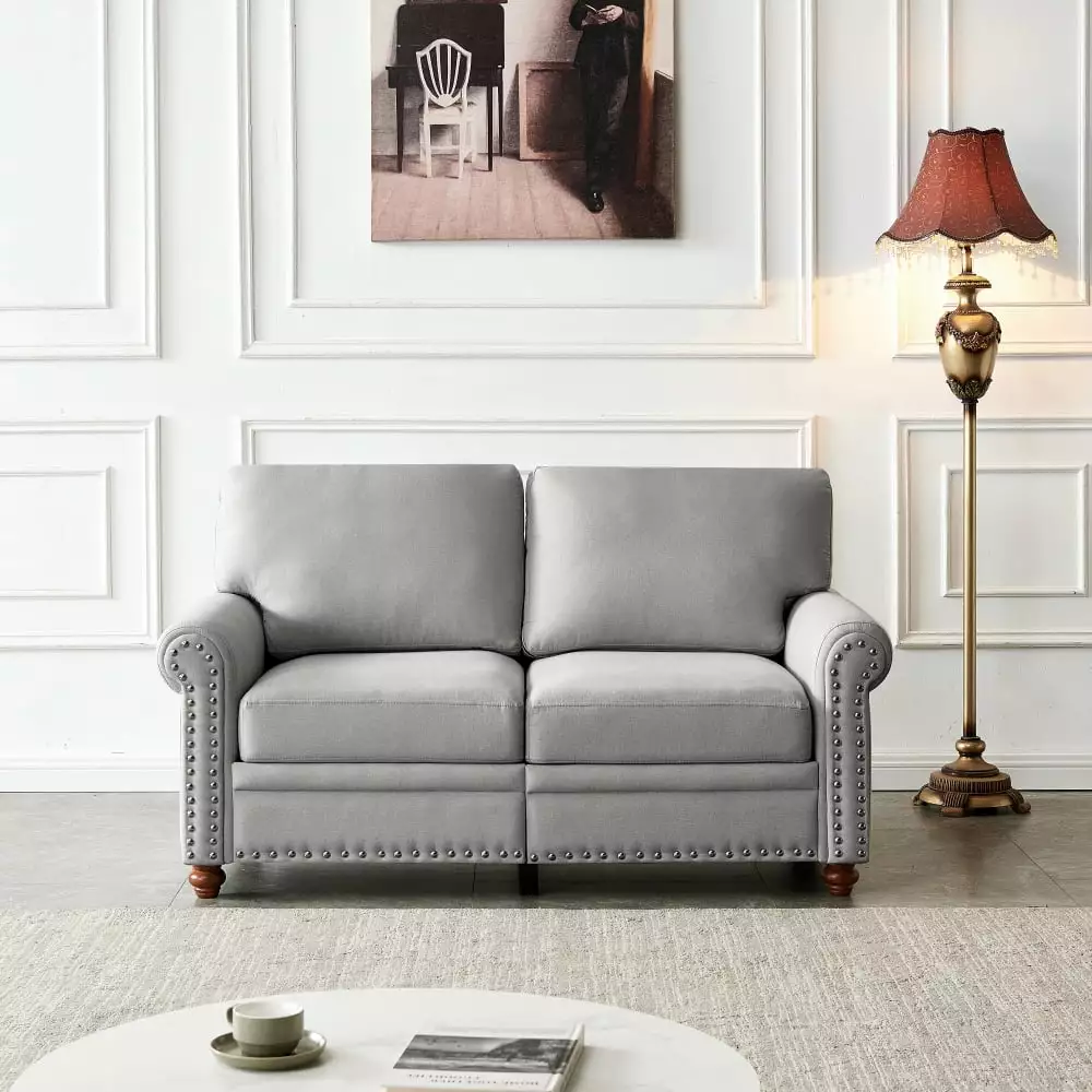 2-Seater Sofa. Linen Fabric Upholstery Storage Sofa with Solid Wood Legs. Modern Comfortable Accent Loveseat Couch with Soft Backrest and Armrest. Leisure Sofa for Bedroom Living Room Office. Grey