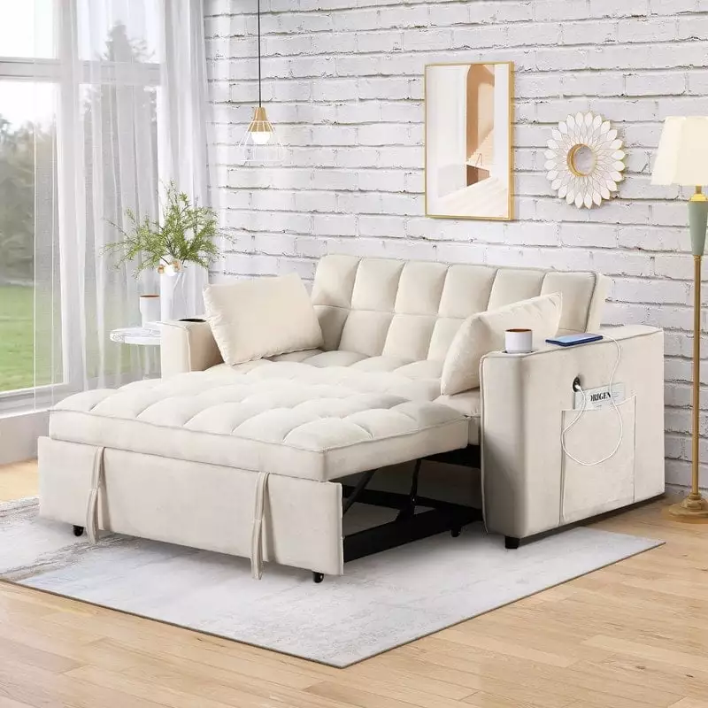 2 Seater Upholstered Loveseats Sofa Couch. Modern Pull-out Sleeper Sofa Bed with Adjsutable Back and Cup Holder & USB Port Cream White