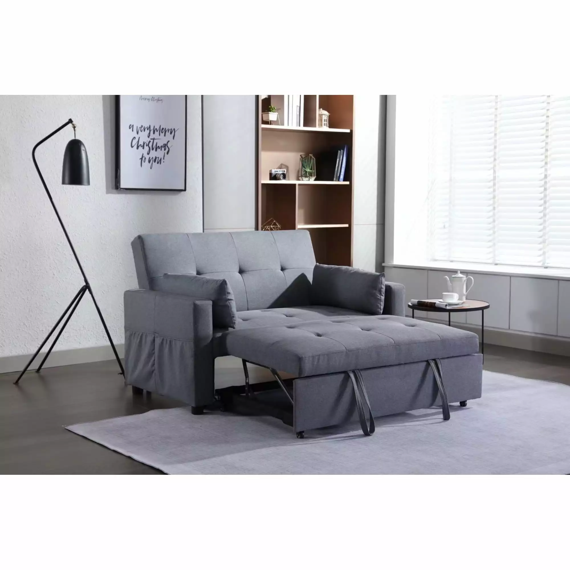 2 Seaters Slepper Sofa Bed.Dark Grey Linen Fabric 3-in-1 Convertible Sleeper Loveseat with Side Pocket.