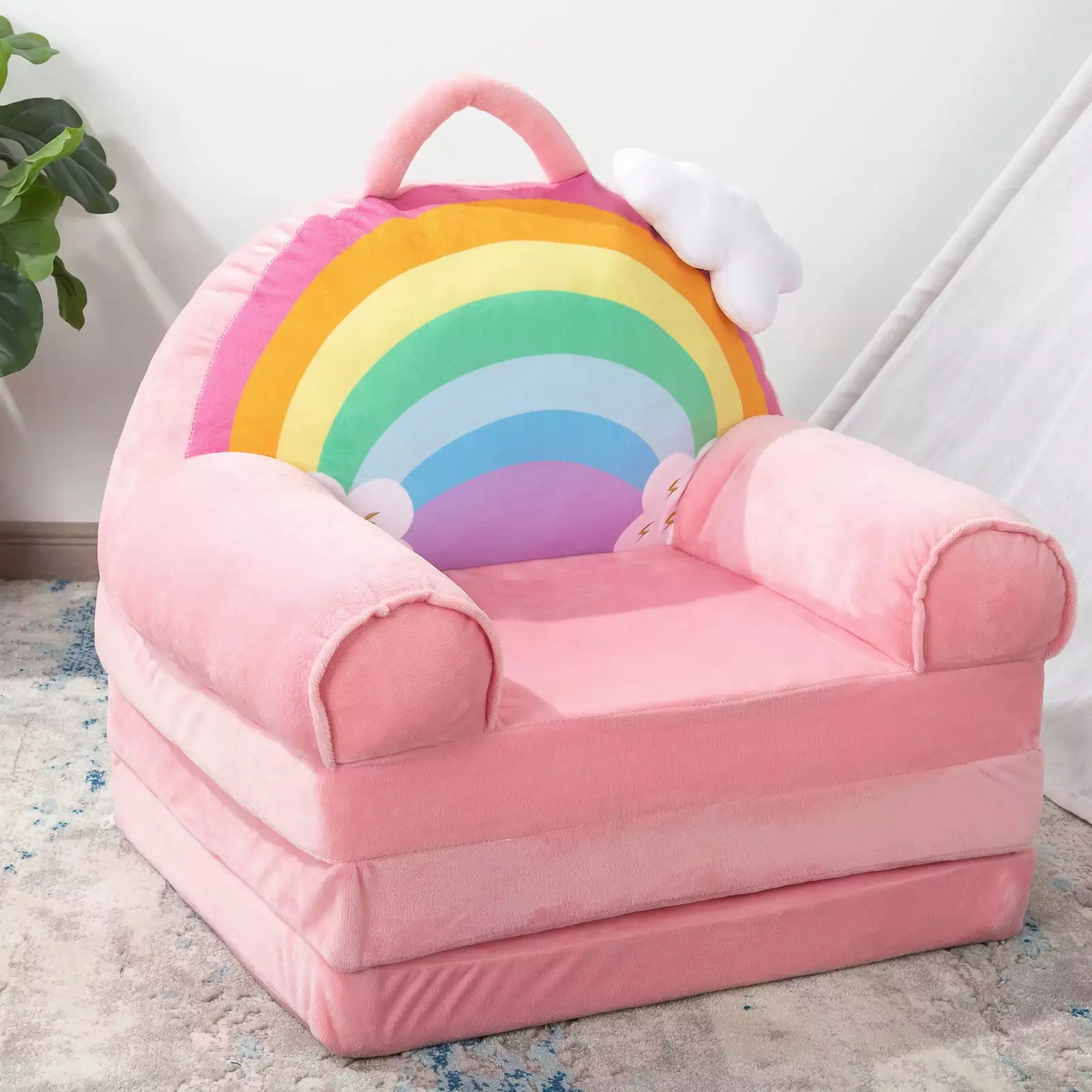 2 in 1 Convertible Plush Kids Sofa Flip Open Sofa Seat with Pockets.Kid Couch Toddler Chair for Toddler Baby Girls. Rainbow