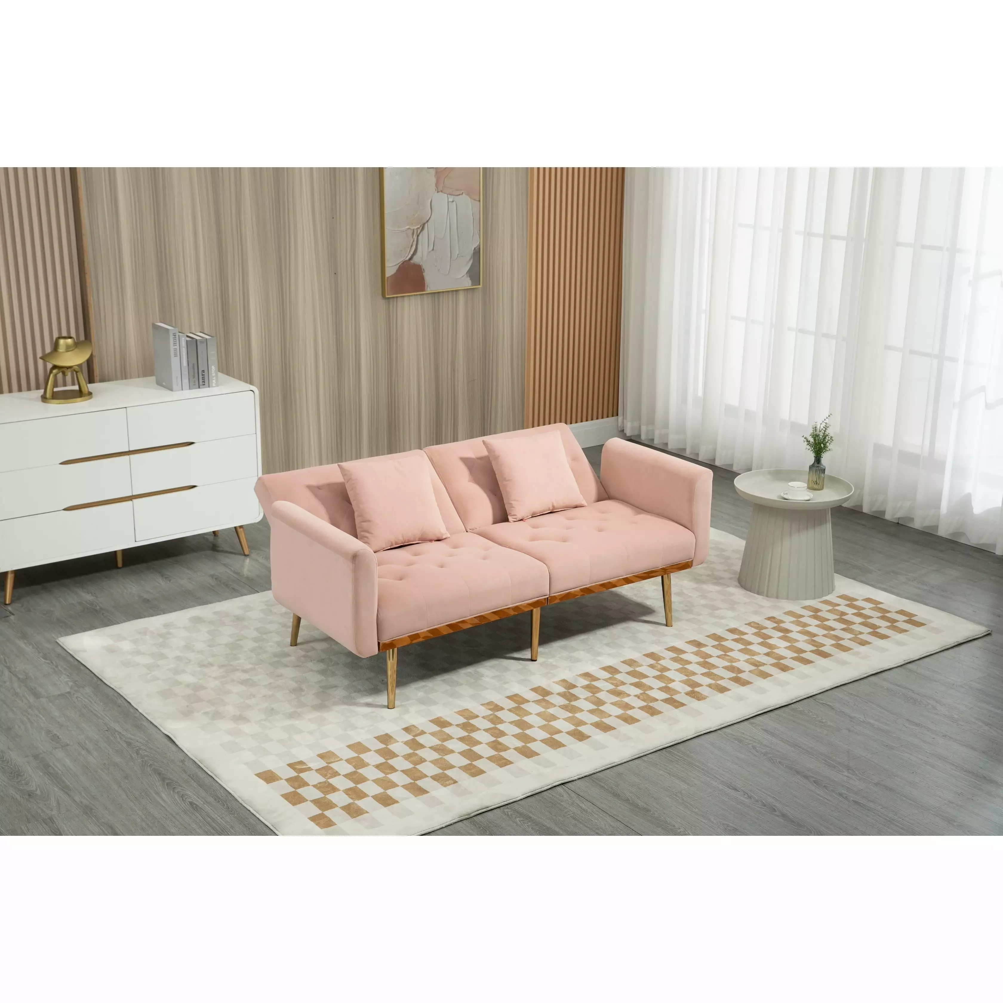 2-in-1 Folding Loveseat Sleeper Pink Velvet Recliner Bed with Pillows