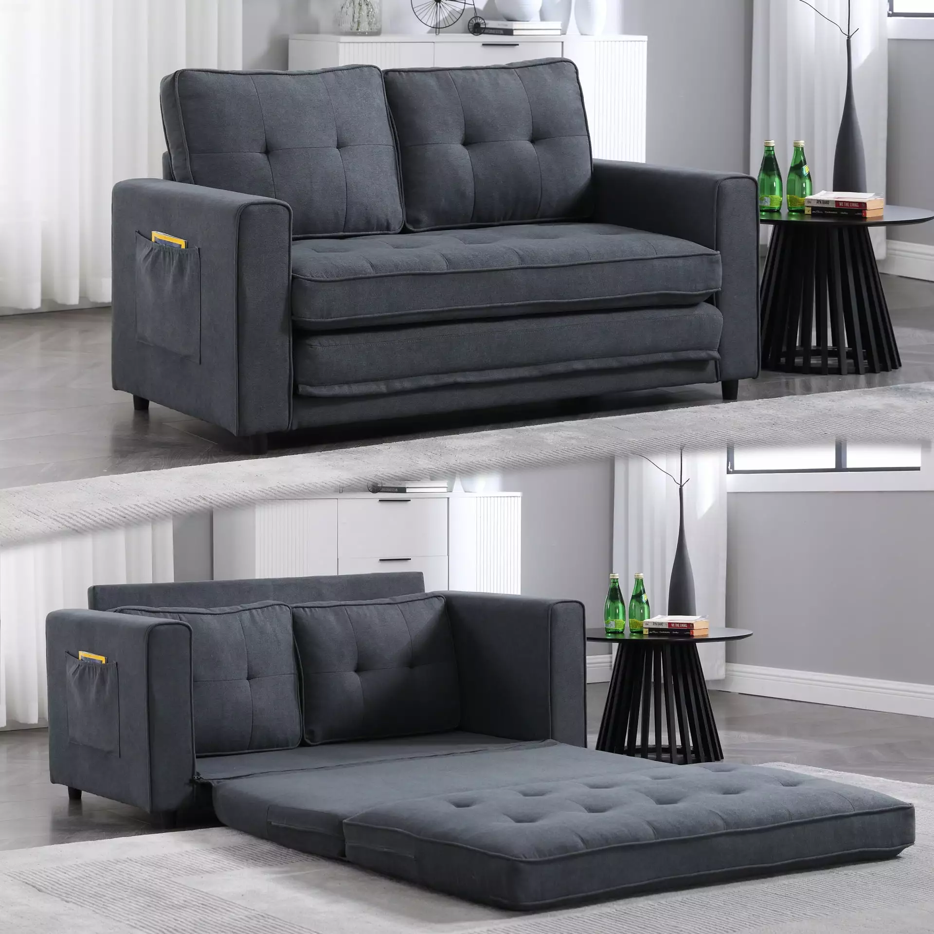 2-in-1 Upholstered Futon Sofa with Pull Out Sleeper Couch Bed. Folding Mattres and Side Pockets. Convertible Floor Sofa bed For Living Room. BedRoom. Office. Love Seat Daybed. Dark Gray