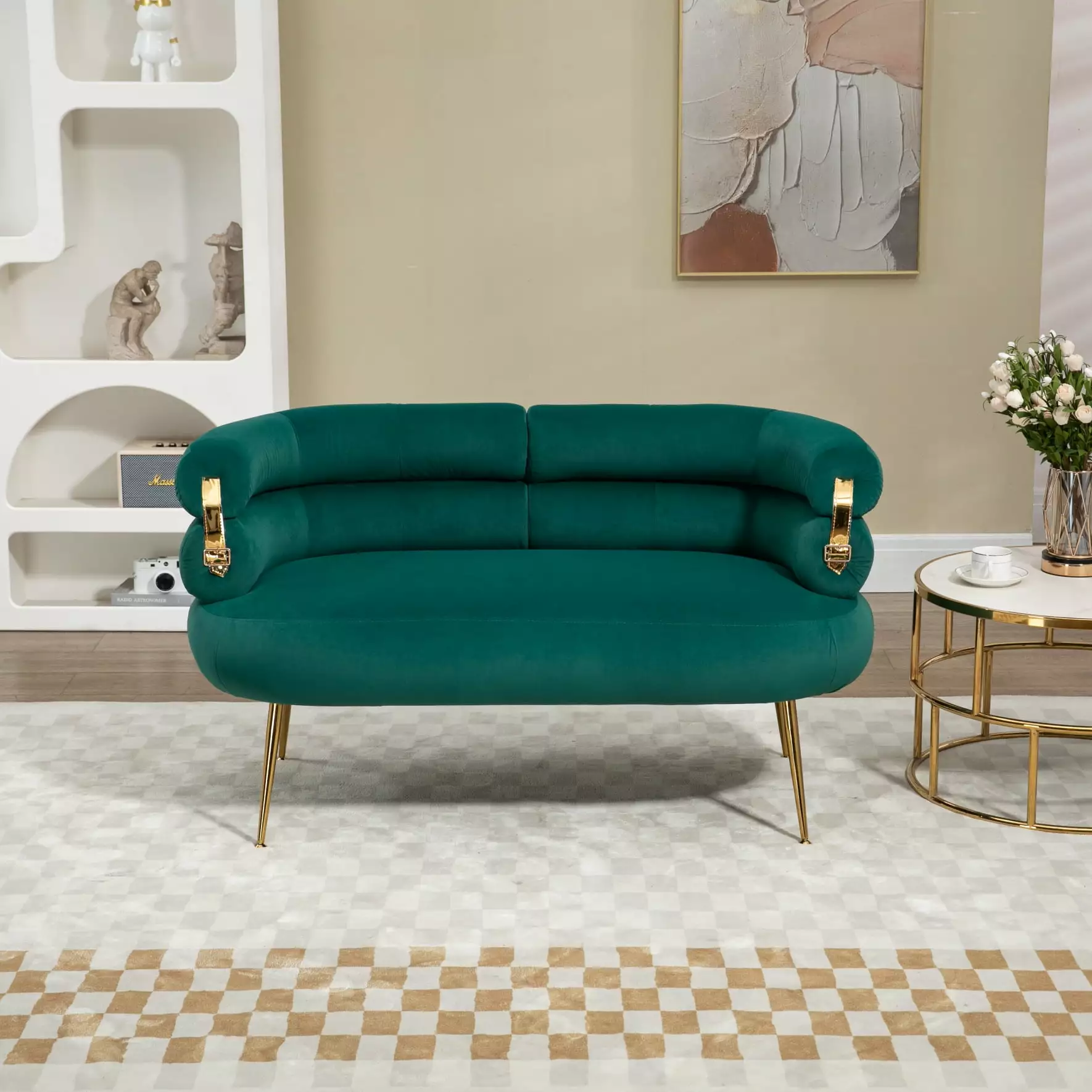 2-seat Velvet Loveseat Sofa. 50 Inch Mid Century Tufted Love Seat with Metal Frame and Tapered Golden Feet. Small Sofa Couch for Living Room. Bedroom. Apartment and Small Space. Green