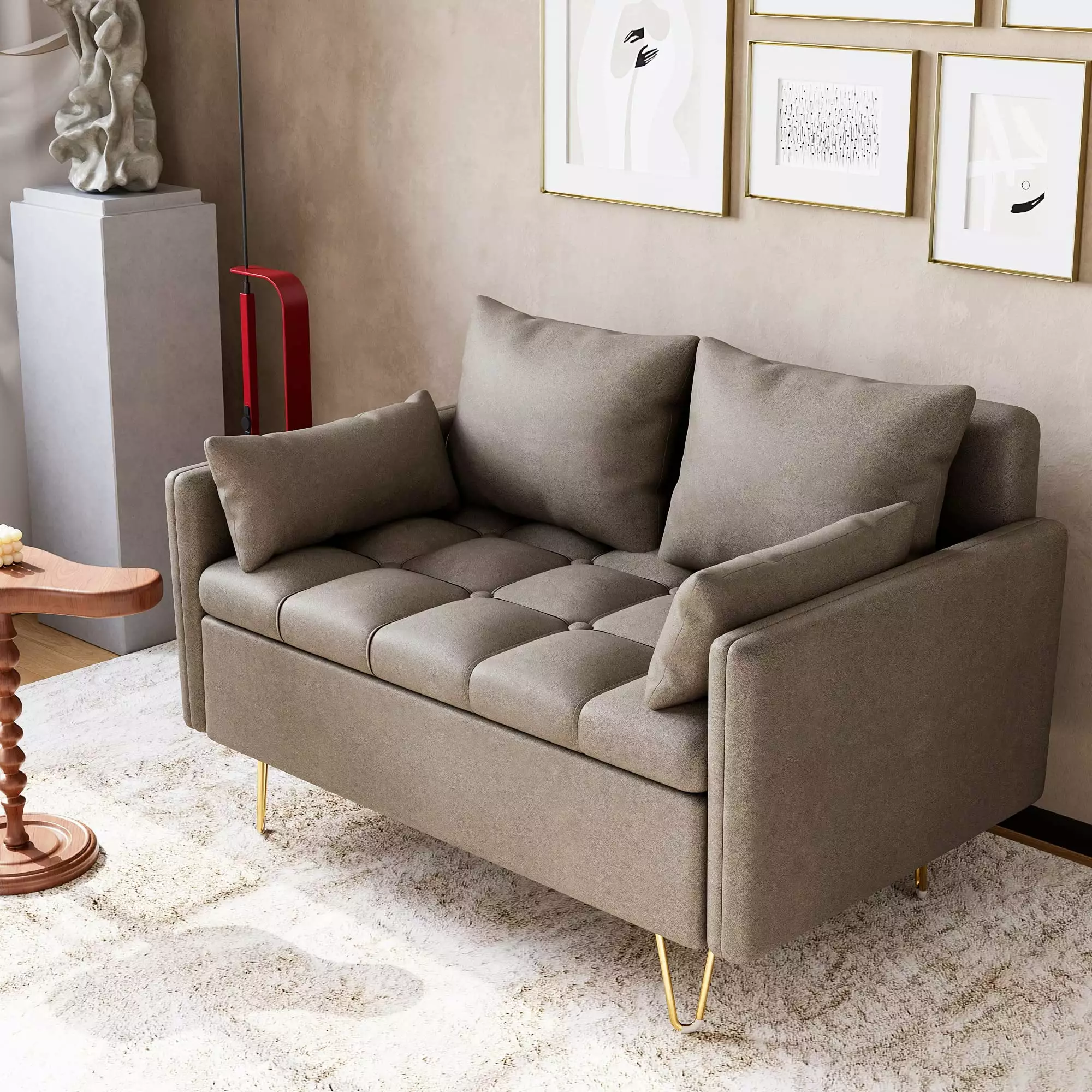 2024 New Couch. Faux Leather Sofa with Lift-Up Storage Box. Loveseat with Button Tufted Hand Stitched Cushion & Gold Metal Leg. Couches for Living Room