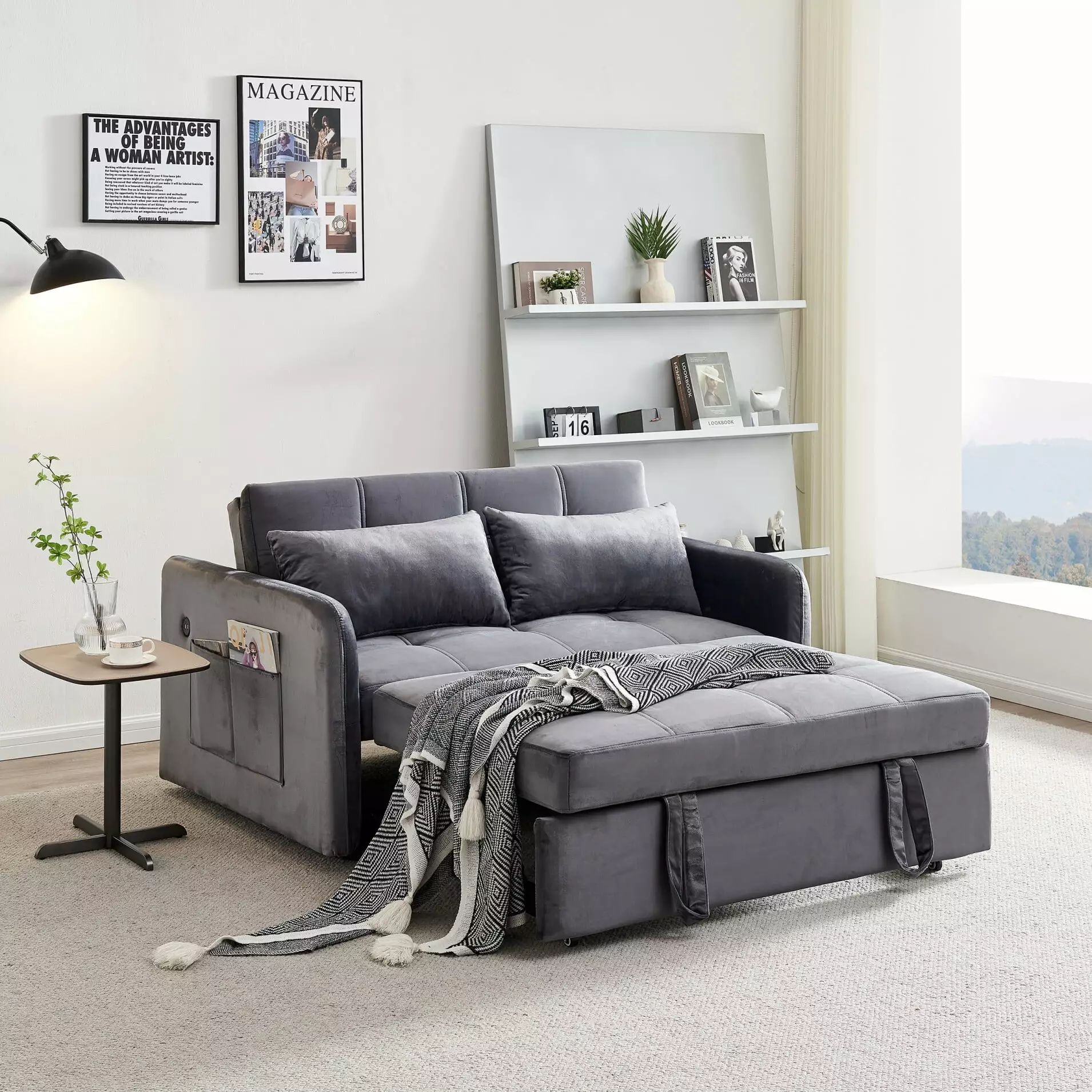 3 in 1 Convertible Sleeper Sofa Bed. Twins Velvet Sofa Bed. Pull Out Sofa Sleeper with USB Ports and 2 Pillows. Adjustable Backrest Recliner with Button Trim for Living Room Bedroom Apartment. Grey