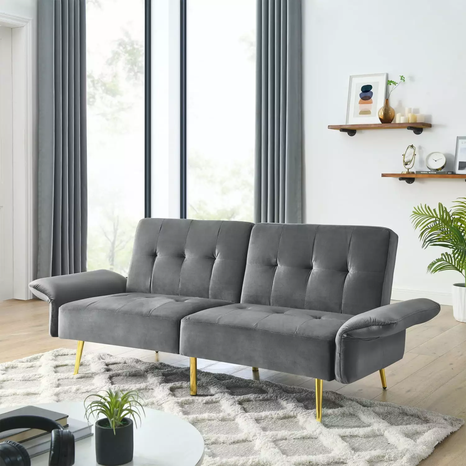 280g Italian Grey Velvet Convertible Sleejson Loveseat Sofa Bed with Folded Armrests and Storage Bags for Living Room and Small Space