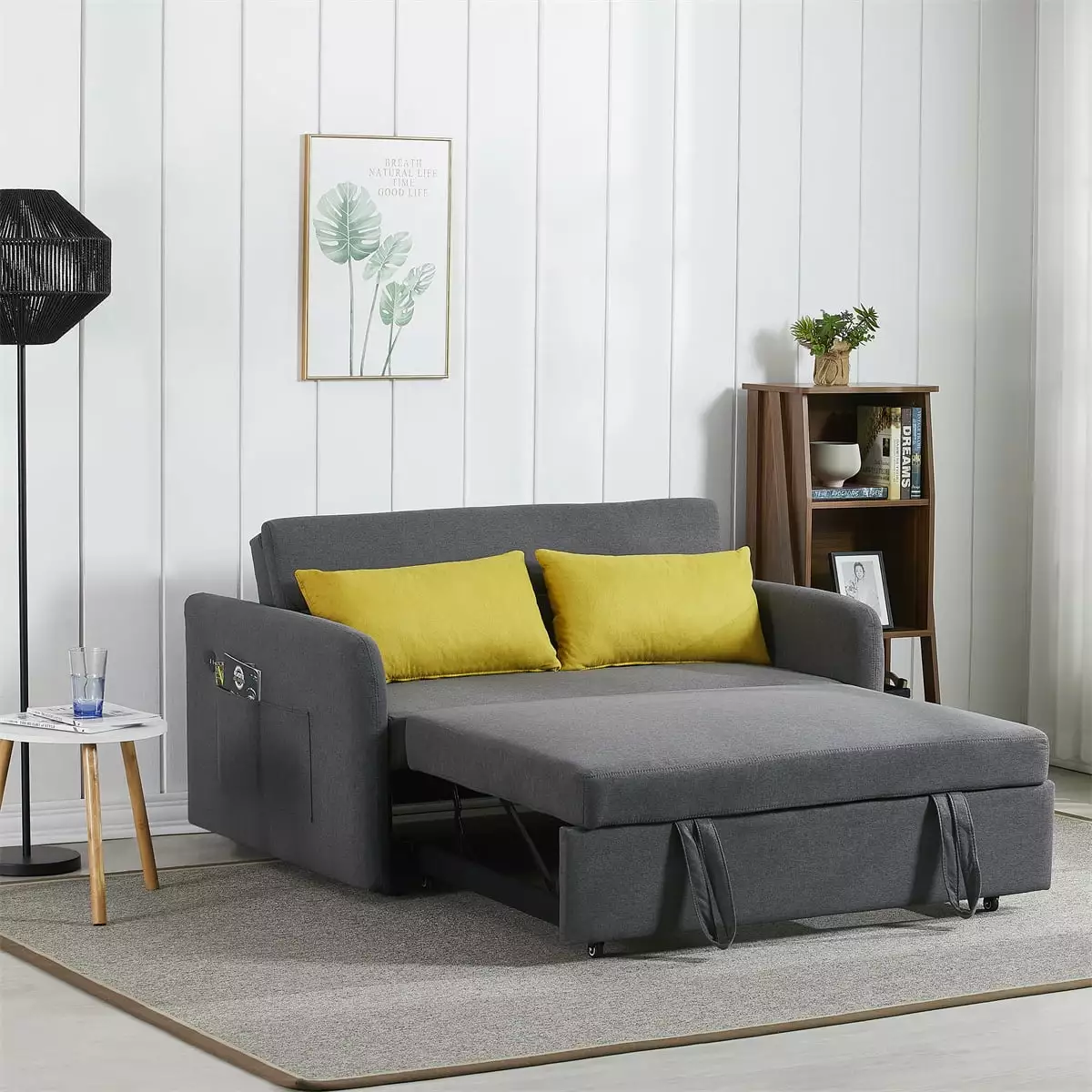 3 in 1 Convertible Sofa Bed.Modern Sleeper Couch with 2 Pillows and Adjustable Back.Loveseat Sofa with Pull Out Bed.USB Socket and 2 Side Pockets.Small Fabric Couch for Living Room Bedroom.Gray