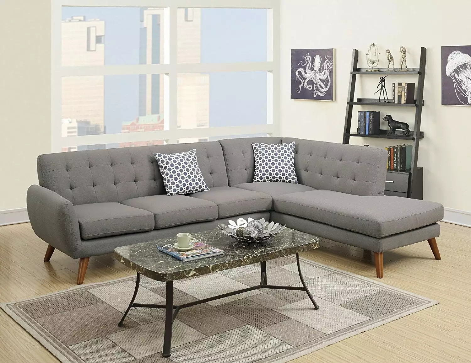 2Pcs Modern Grey Polyfiber Linen-Like Fabric Sectional Sofa Set with Accent Tufting on the Back