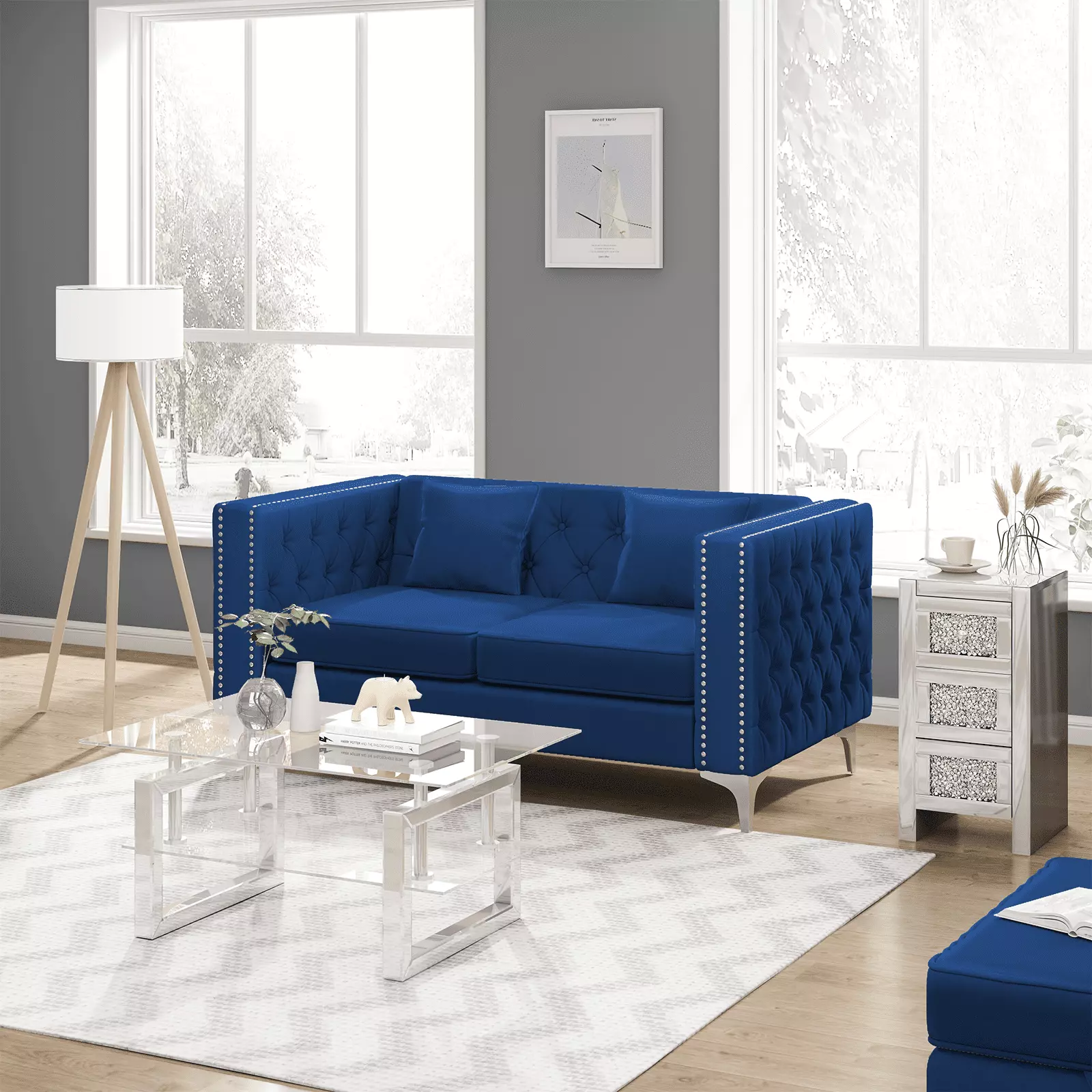 ZAFLY Modern Velvet Loveseat Sofa Couch Recliner with Deep Button Tufted Design. Loveseat Sofa Couch for Living Room/Apartment/Small Space. Blue