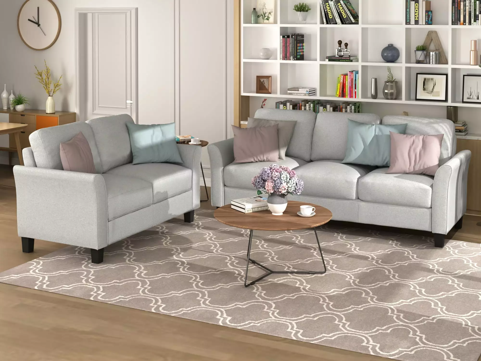 [ US IN STOCK] Living Room Furniture Loveseat Sofa and 3-seat sofa (Light Gray)