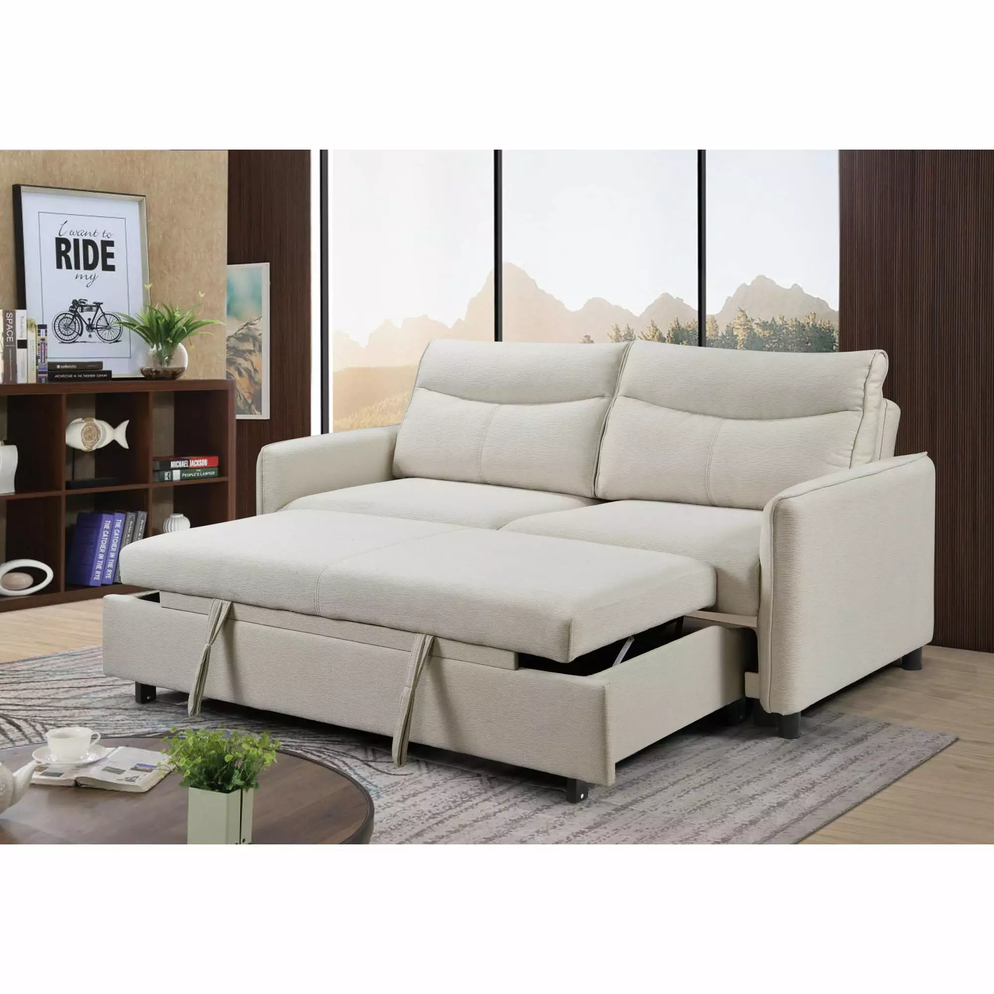 3 in 1 Convertible Sleeper Sofa Bed. Modern Fabric Loveseat Futon Sofa Couch w/Pullout Bed. Small Love Seat Lounge Sofa w/Reclining Backrest. Furniture for Living Room. Beige