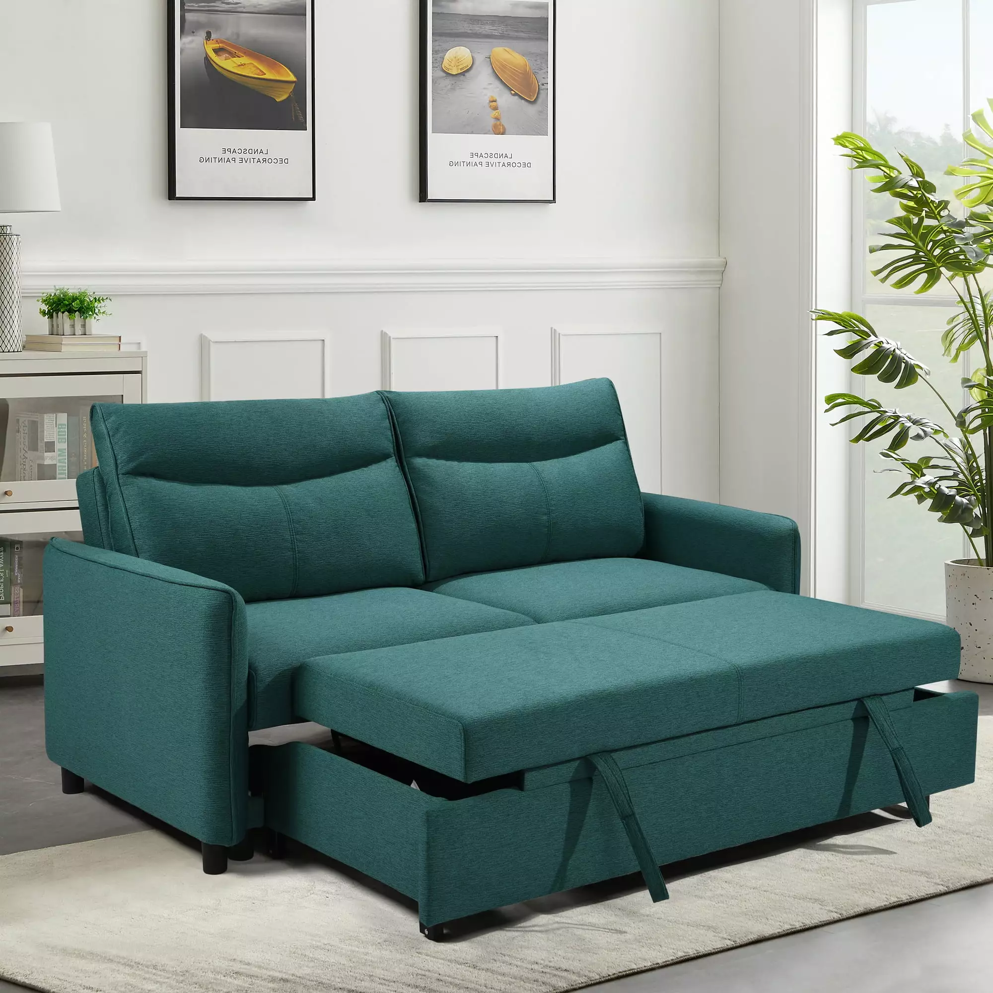 3 in 1 Convertible Sleeper Sofa Bed. Modern Fabric Loveseat Futon Sofa Couch w/Pullout Bed. Small Love Seat Lounge Sofa w/Reclining Backrest. Furniture for Living Room.Green