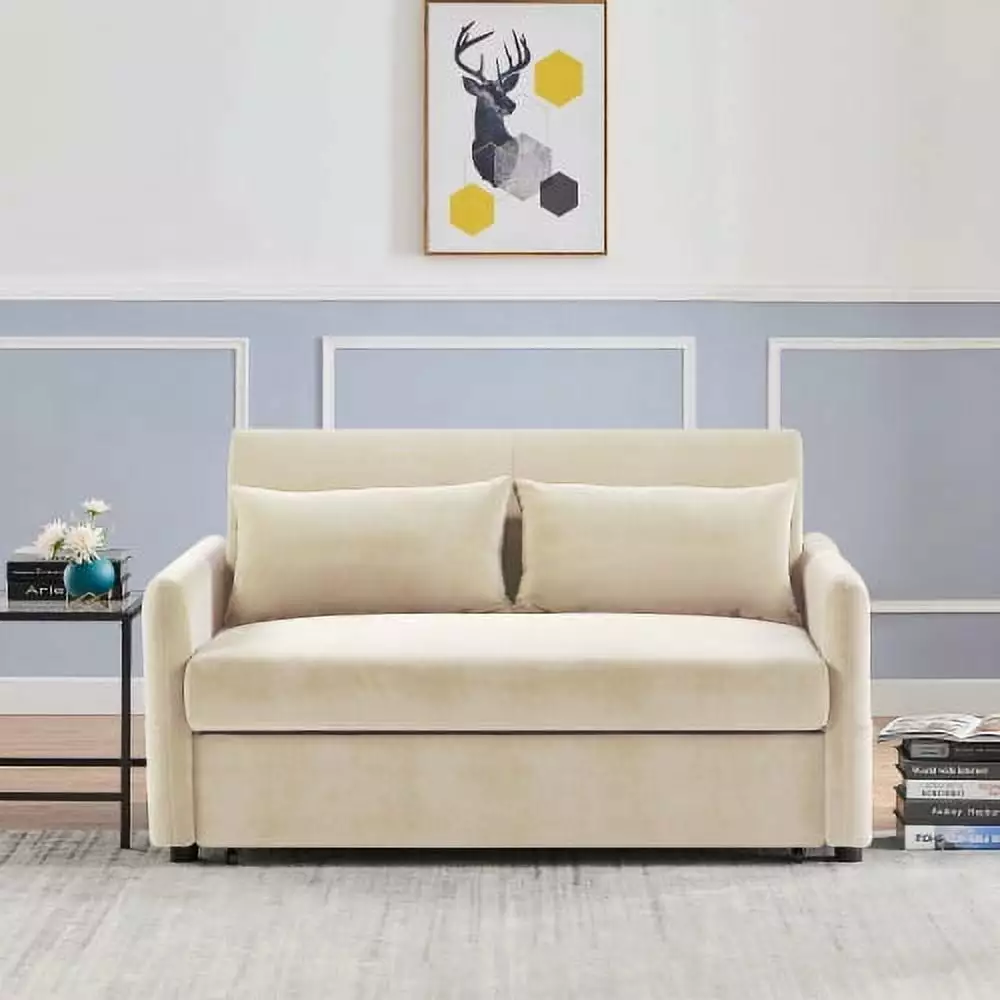 3 in 1 Convertible Sleeper Sofa Bed. Modern PU Loveseat Sleeper Sofa Couch with Pull-Out Bed. Small Love seat Sofa Bed with Reclining Backrest for Living Room Office.Beige